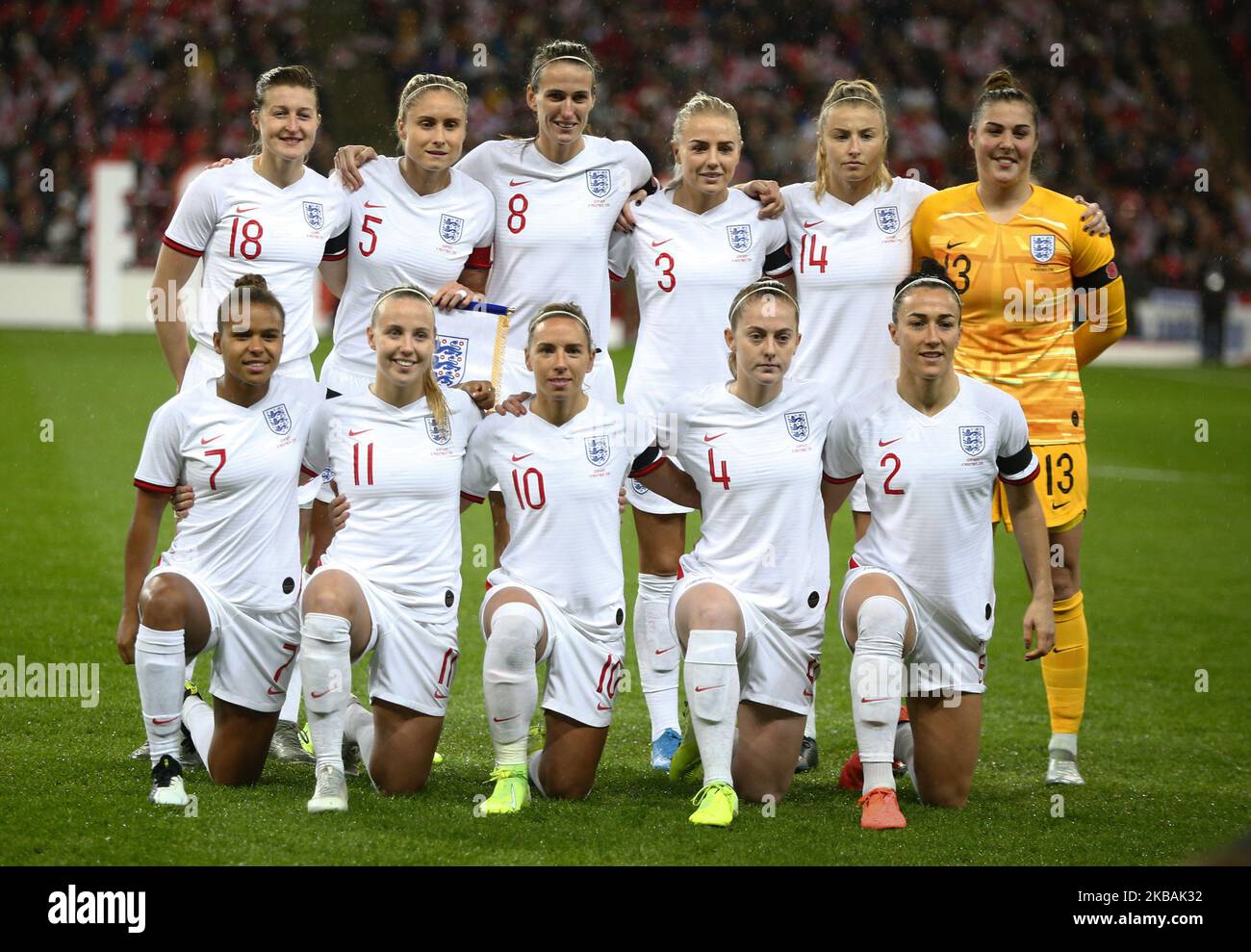 England Women Team Back Row:- L-R Ellen White, Steph Houghton, Jill Scott, Alex Greenwood,Leah Williamson and Mary Earps of England Women. Front Row:- L-R Nikita Parris, Beth Mead, Jordan Nobbs, Keira Walsh and Lucy Bronze of England Women during Women's International Friendly between England Women and Germany Women at Wembley stadium in London, England on November 09, 2019 Credit Action Foto Sport (Photo by Action Foto Sport/NurPhoto) Stock Photo