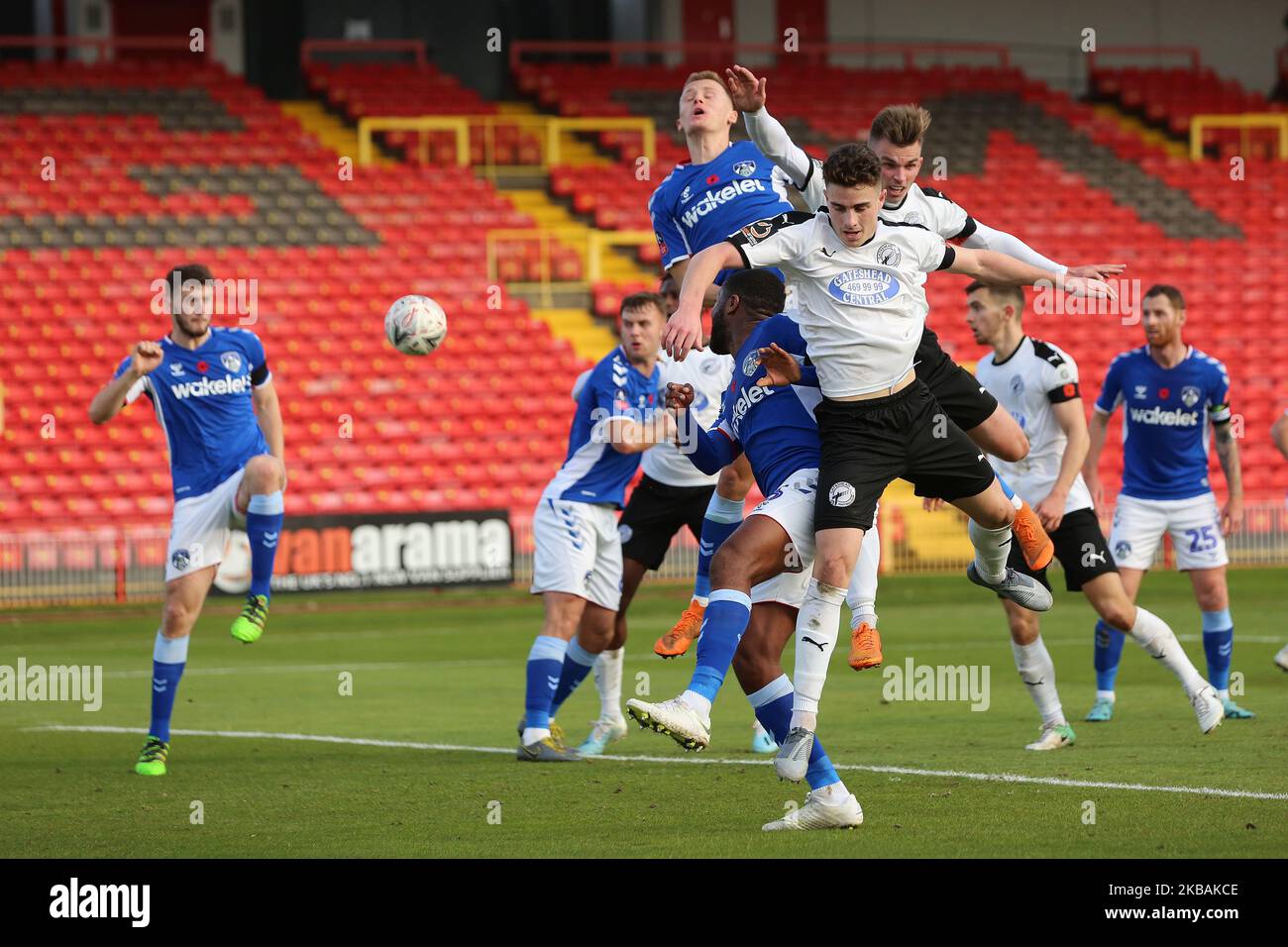 Gateshead's JJ O'Donnell and Dominic Tear in action during the FA Cup match between Gateshead and Oldham Athletic at the Gateshead International Stadium, Gateshead on Sunday 10th November 2019. (Photo by Mark Fletcher/MI News/NurPhoto) Stock Photo