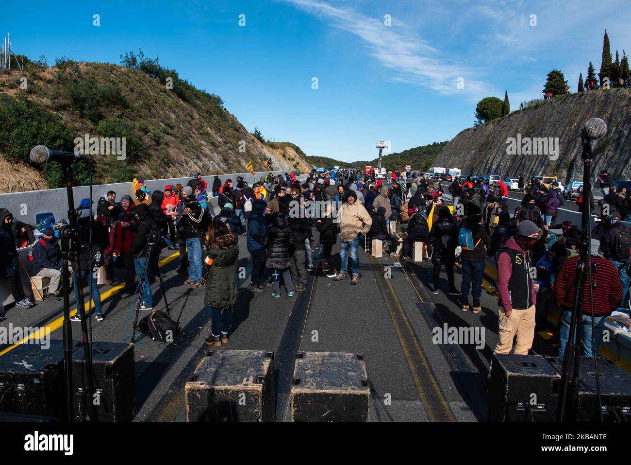 Thousands of protesters of Catlunya and Nord Catalunya cut this morning the traffic in the AP7 highway in El Pertus, Spain, on November 11, 2019. This manifestation has been organized by Tsunami Democratic. (Photo by Adria Salido Zarco/NurPhoto) Stock Photo