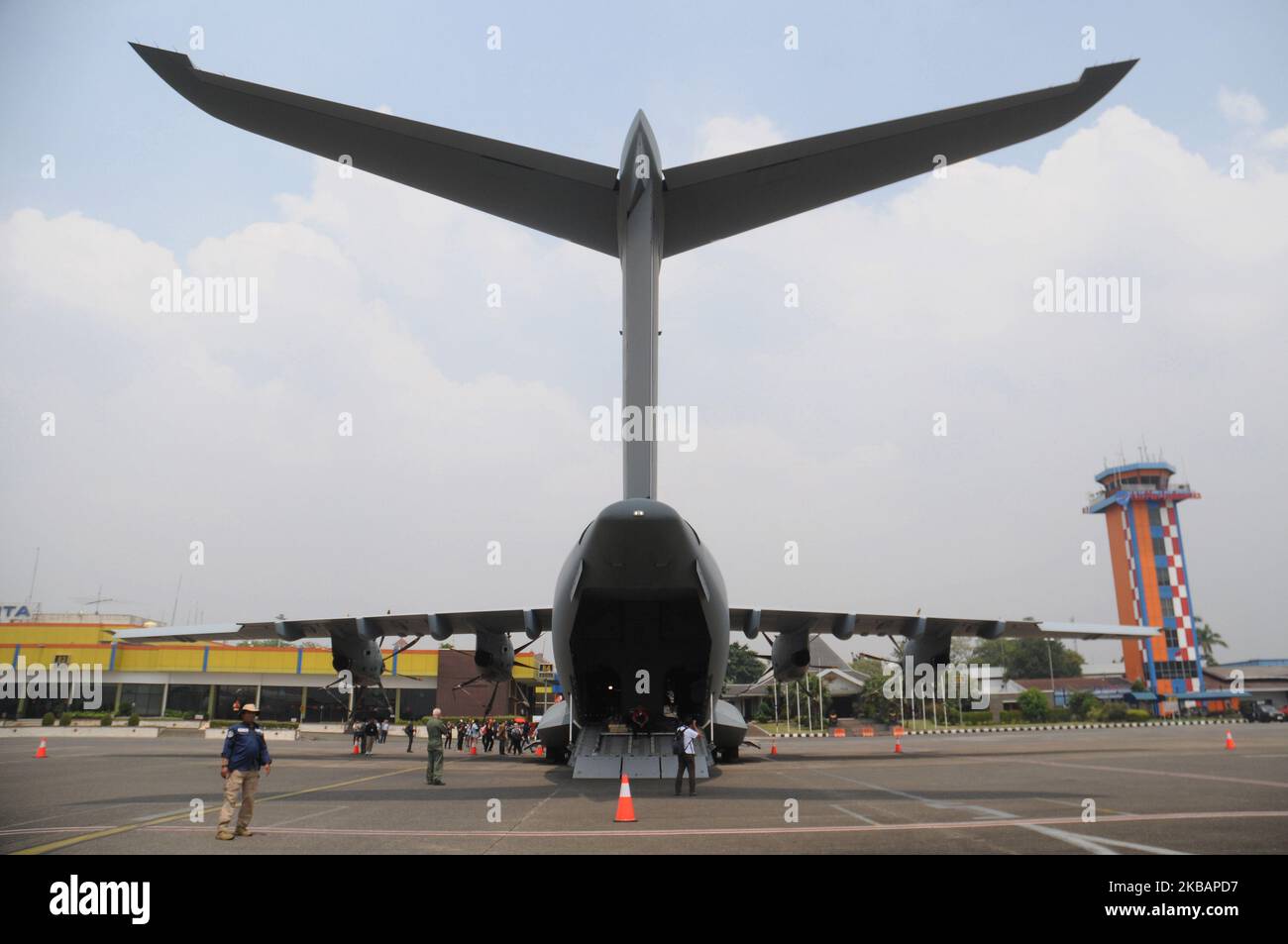 The Airbus A400M aircraft landed at Halim Perdana Kusuma Airport, Jakarta on November, 12, 2019. Airbus A400M is a military transport aircraft that can perform three different tasks, namely short-range tactical missions, long-range strategic missions, and as ''tankers'' with payload capacities reaching 37 tons in distances of up to 3,300 kilometers or up to 6,400 kilometers with payloads weighing 25 tons. (Photo by Dasril Roszandi/NurPhoto) Stock Photo