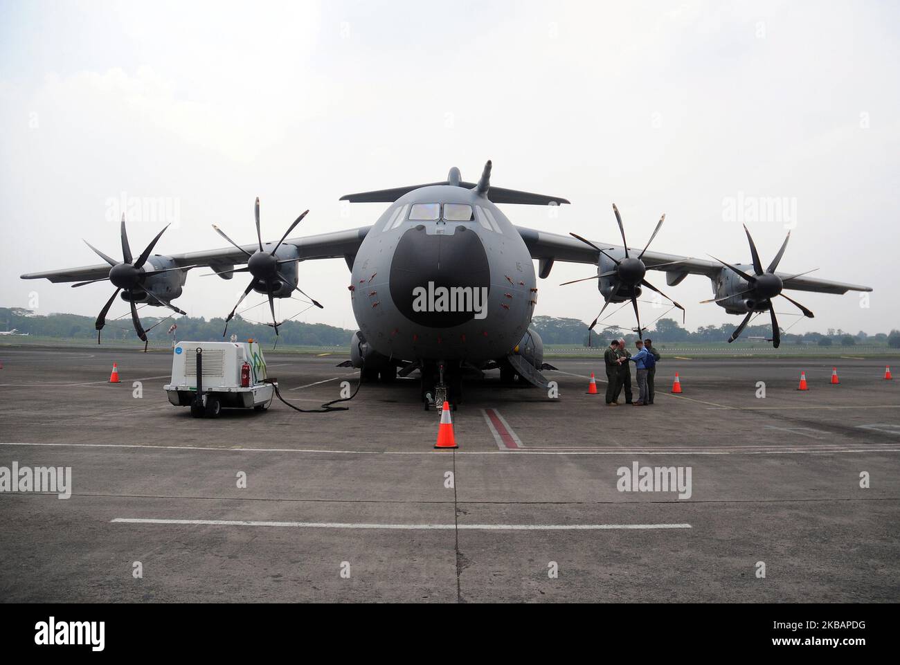 The Airbus A400M aircraft landed at Halim Perdana Kusuma Airport, Jakarta on November, 12, 2019. Airbus A400M is a military transport aircraft that can perform three different tasks, namely short-range tactical missions, long-range strategic missions, and as ''tankers'' with payload capacities reaching 37 tons in distances of up to 3,300 kilometers or up to 6,400 kilometers with payloads weighing 25 tons. (Photo by Dasril Roszandi/NurPhoto) Stock Photo