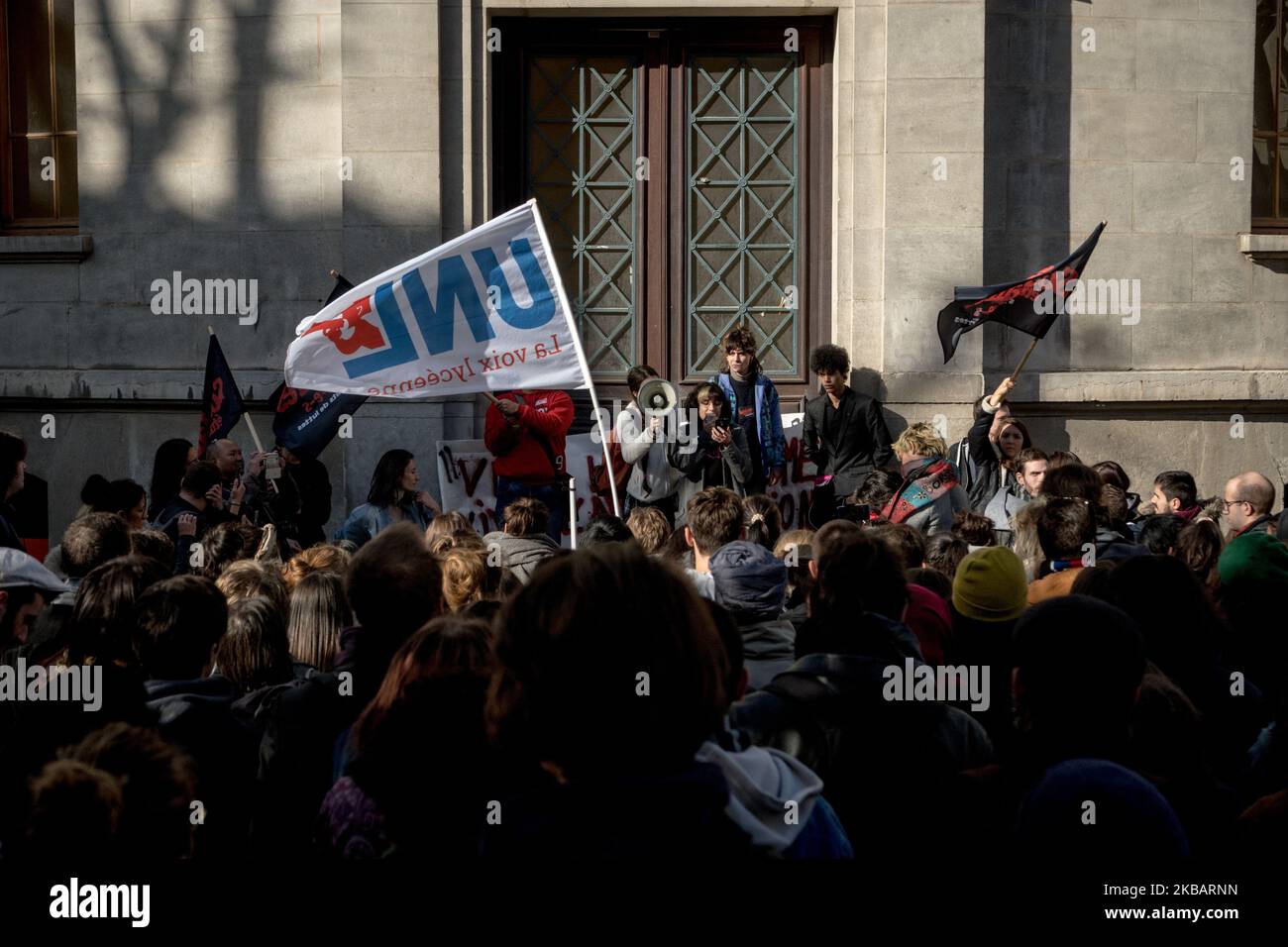 Rally and demonstration against precariousness in Lyon, France, on November 12, 2019, after the suicide attempt of a 22-year-old student by immolation on November 8, 2019 in front of the Crous premises. More than a thousand people gathered in front of the Crous for speeches before demonstrating in the streets of Lyon towards the Lumière Lyon 2 Faculty. Part of the procession forced the doors of the university administration and ransacked the presidency's office. (Photo by Nicolas Liponne/NurPhoto) Stock Photo