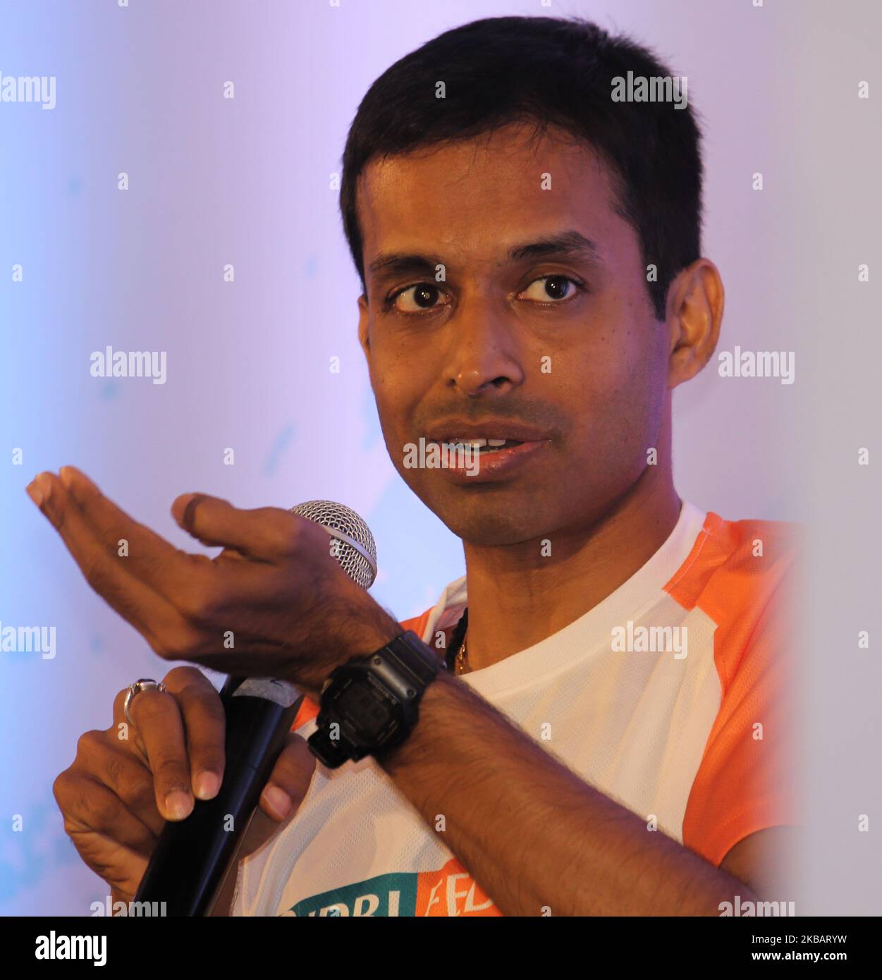 Former Indian badminton player Pullela Gopichand speaks during a launch of an initiative ‘Football Mania’ by IDBI Federal Life Insurance in Mumbai, India on 12 November 2019. The initiative aimed to provide top-quality football coaching to over 10,000 kid in the city. (Photo by Himanshu Bhatt/NurPhoto) Stock Photo
