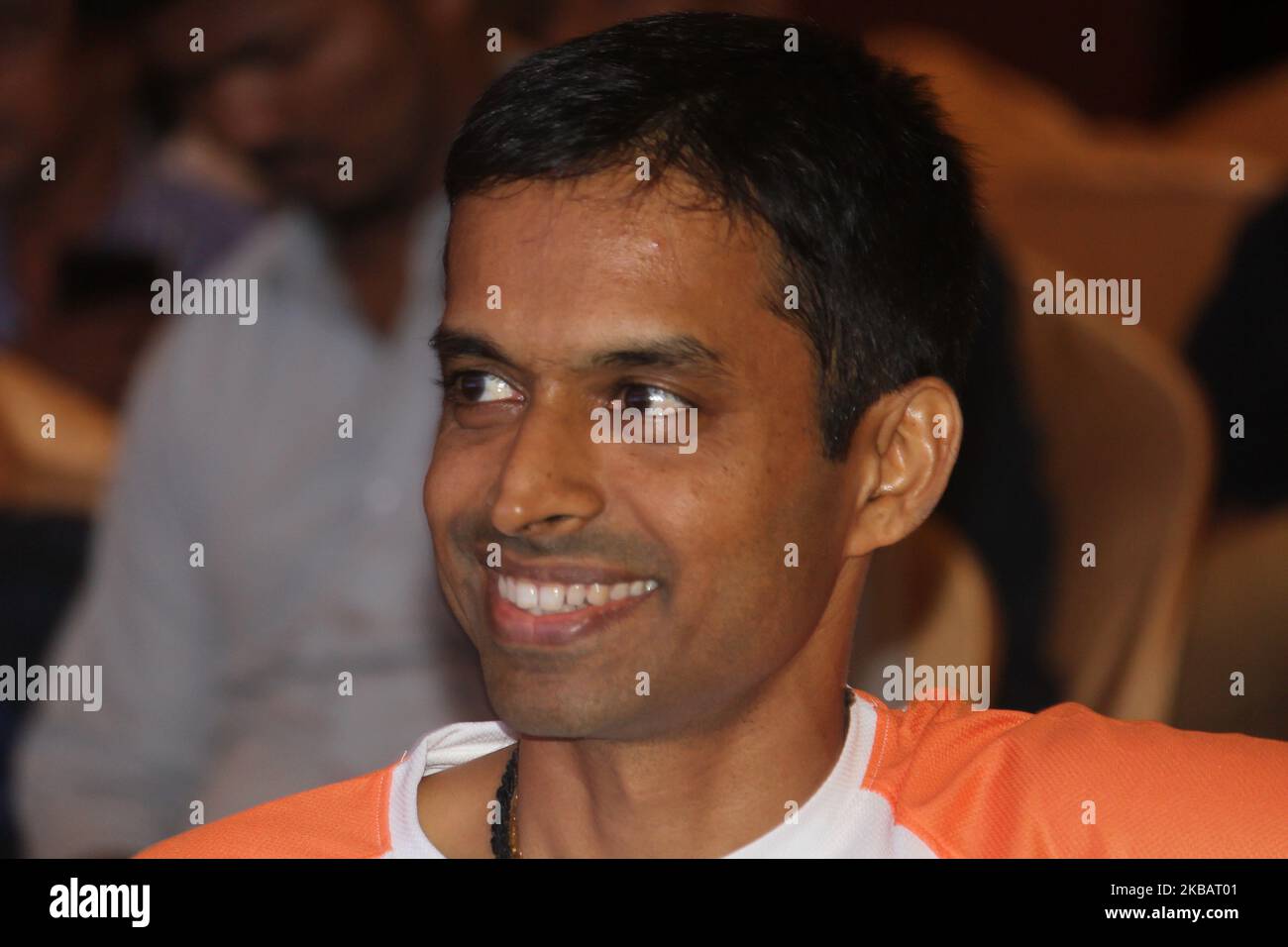 Former Indian badminton player Pullela Gopichand smiles during a launch of an initiative ‘Football Mania’ by IDBI Federal Life Insurance in Mumbai, India on 12 November 2019. The initiative aimed to provide top-quality football coaching to over 10,000 kid in the city. (Photo by Himanshu Bhatt/NurPhoto) Stock Photo
