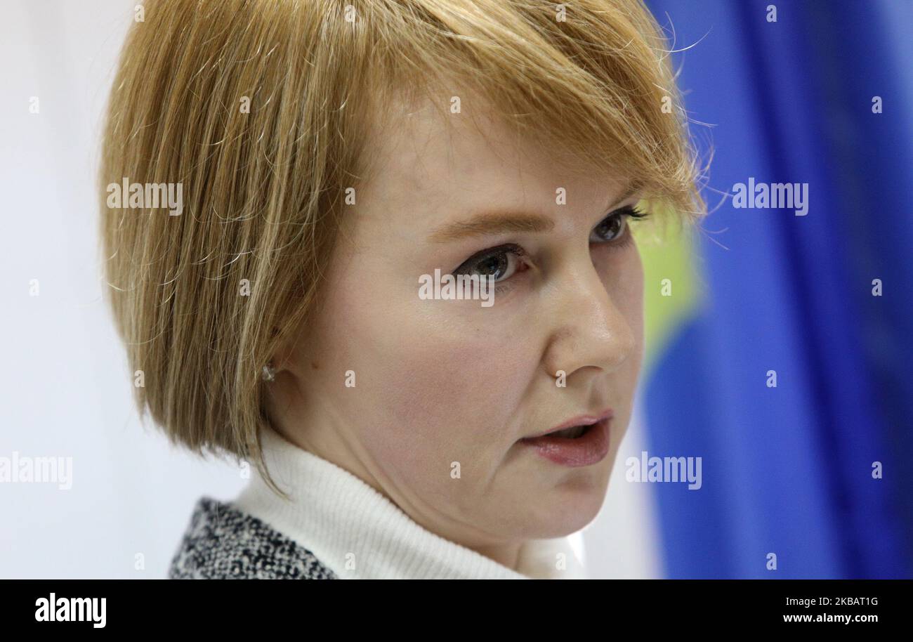 Ukraine's Deputy Foreign Minister Olena Zerkal during a speech to the press at a briefing in Kiev. Ukraine, Tuesday, November 12, 2019 The UN International Court of Justice in 2022 should begin examining the merits of Ukraine's lawsuit against Russia for violating two conventions - the fight against the financing of terrorism and the elimination of all forms of racial discrimination, Zerkal said at a briefing today. (Photo by Danil Shamkin/NurPhoto) Stock Photo
