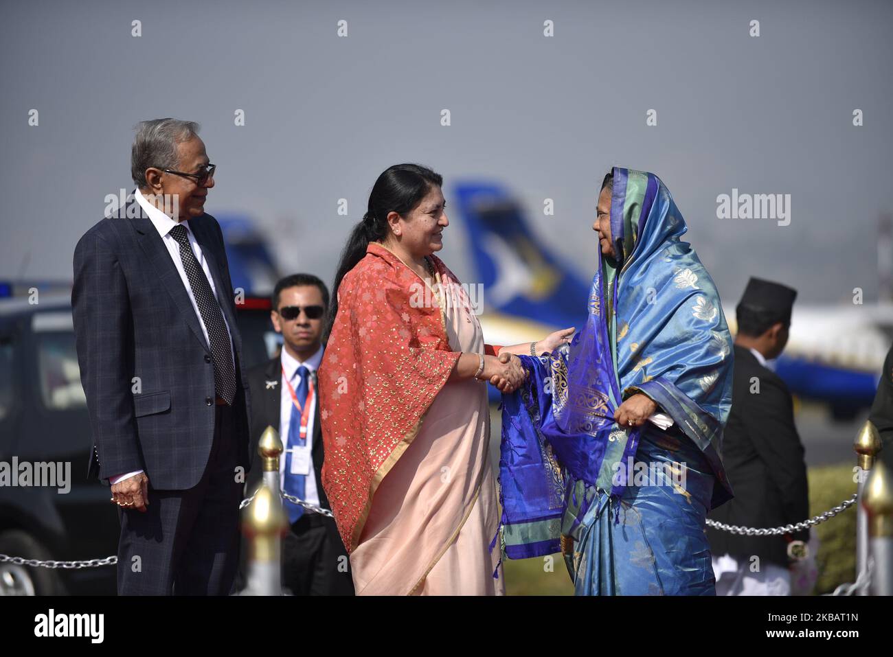 Nepalese President Bidhya Devi Bhandari welcome first lady of Bangladesh Rashida Hamid as arrive for a four-day visit in Kathmandu, Nepal on Tuesday, November 12, 2019. (Photo by Narayan Maharjan/NurPhoto) Stock Photo