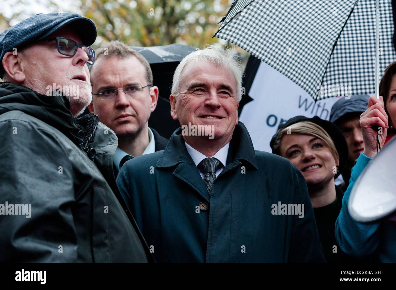 Shadow Chancellor John McDonnell takes part in a rally as McDonald's employees, trade unionists and campaigners for fast food workers' rights gather outside Downing Street on 12 November, 2019 in London, England. Members of the Bakers, Food and Allied Workers Union (BFAWU) walked out of six McDonald's stores in London today over a ?15 an hour minimum wage, choice of guaranteed working hours and union rights. (Photo by WIktor Szymanowicz/NurPhoto) Stock Photo