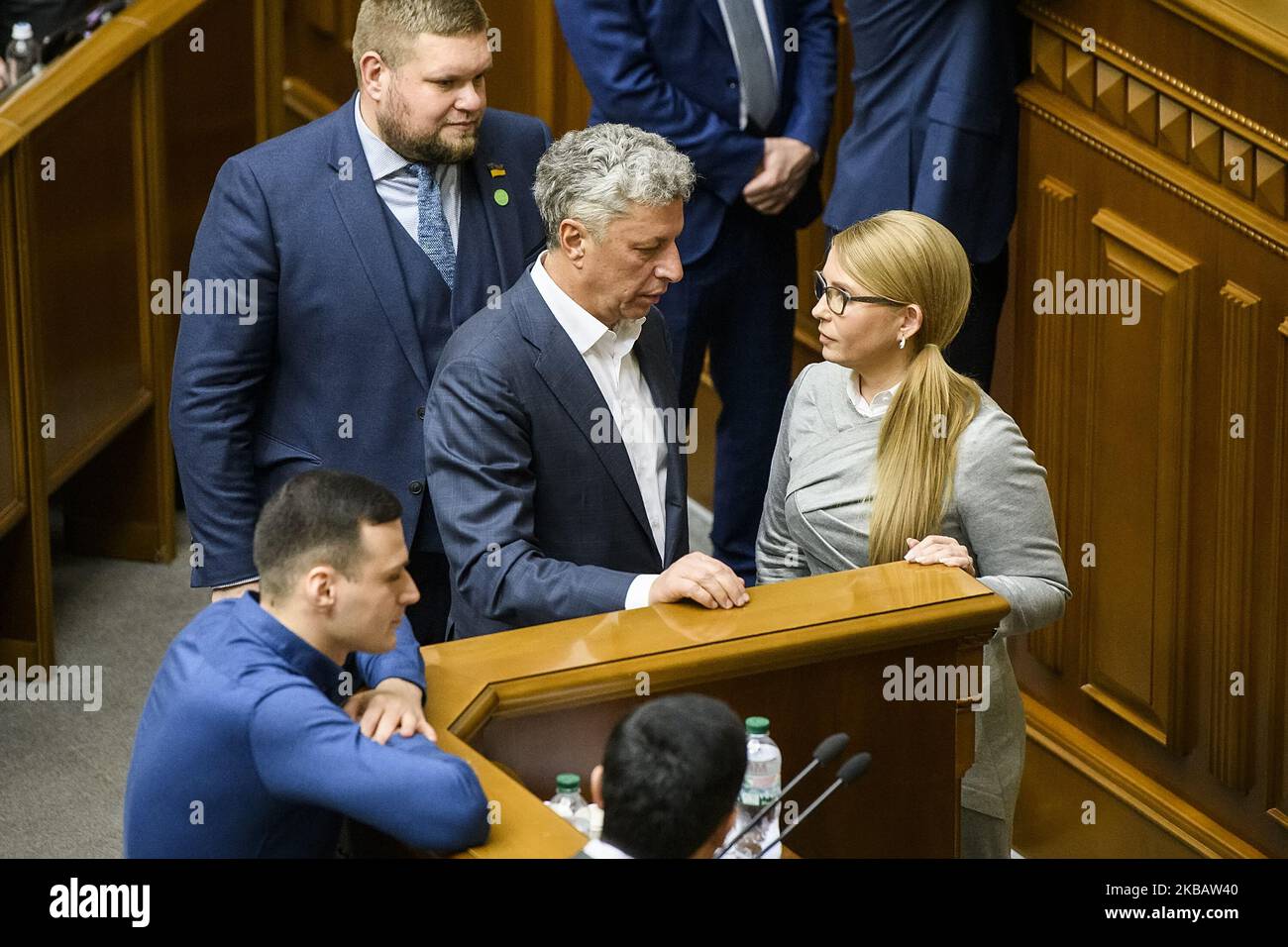 Yulia Tymoshenko, the leader of the Batkivshchyna (R) political party and Yuriy Boyko (L), Leader of the 'Opposition Platform-For Life' political party during discussion for land reform bill and land sales in Ukrainian Parliament . Kyiv, Ukraine, 13 November, 2019 (Photo by Maxym Marusenko/NurPhoto) Stock Photo