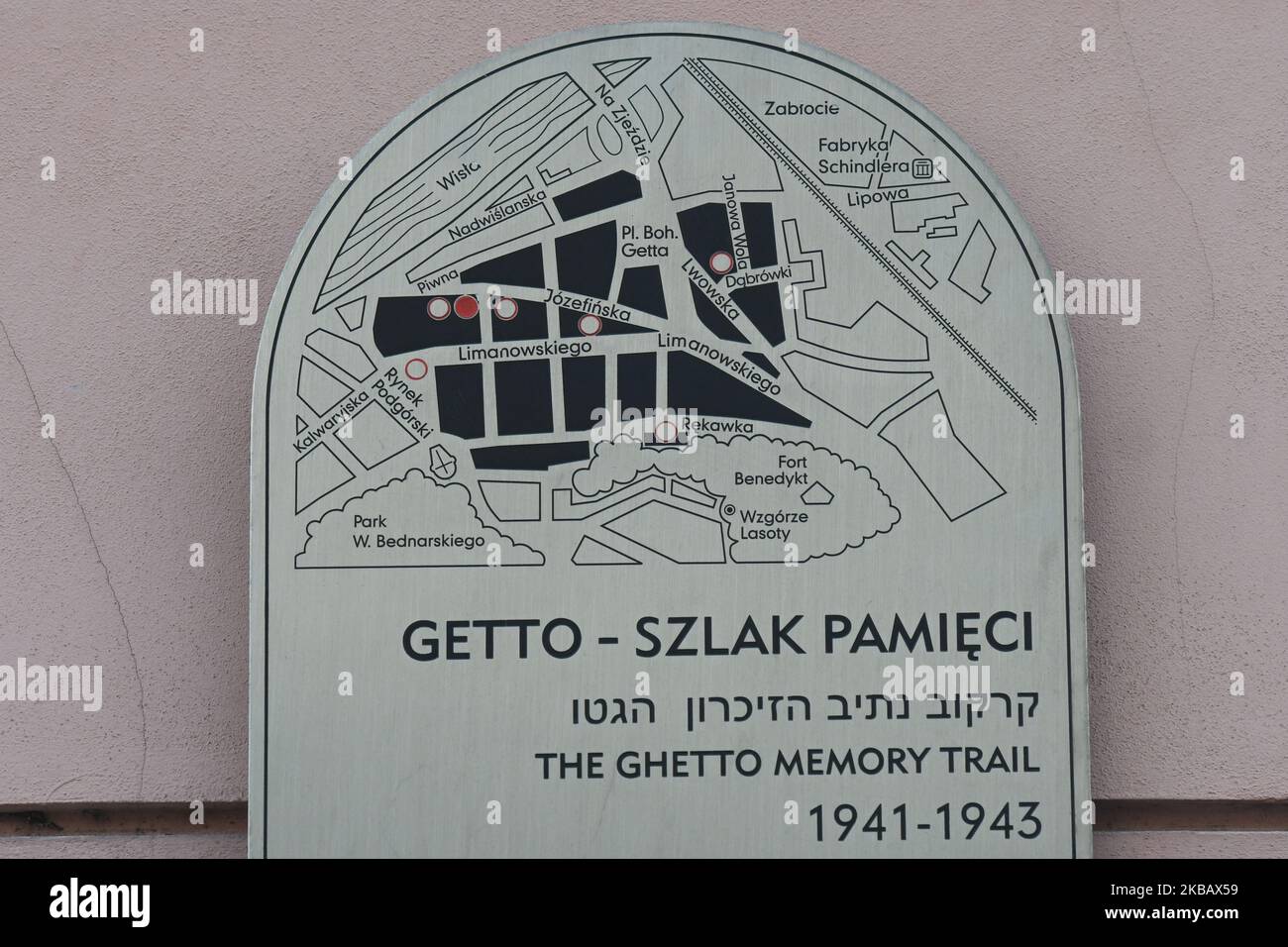 A view of the Getto Memory Trail sign seen in Podgorze-Krakow area. On Tuesday, November 12, 2019, in Krakow, Lesser Poland Voivodeship, Poland. (Photo by Artur Widak/NurPhoto) Stock Photo