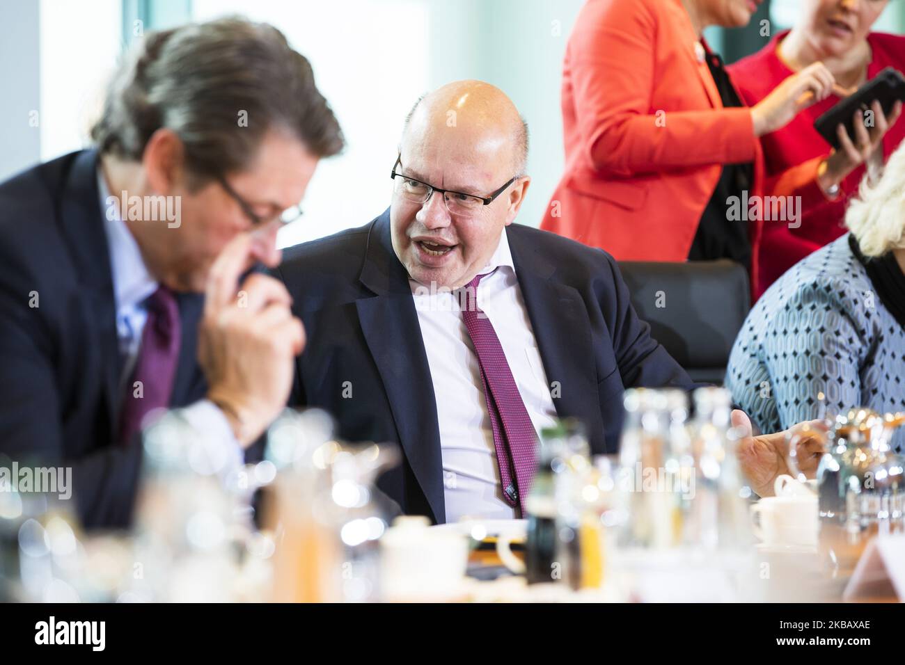 German Economy Minister Peter Altmeier (C) is pictured prior to the weekly Cabinet Meeting of the German Government at the Chancellery in Berlin, Germany on November 13, 2019. (Photo by Emmanuele Contini/NurPhoto) Stock Photo