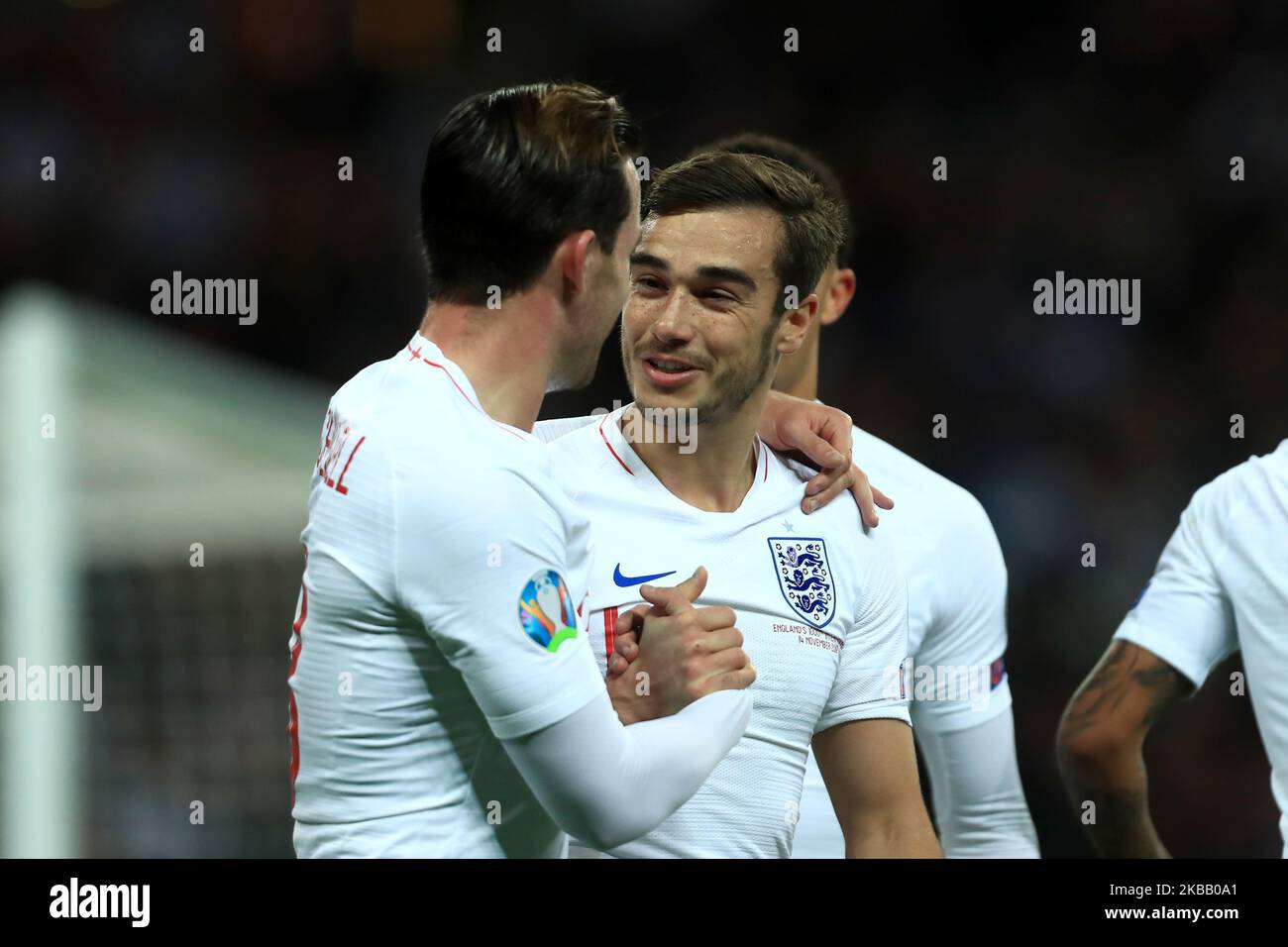 England's Harry Winks celebrates with Ben Chilwell of England during the UEFA European Championship Group A Qualifying match between England and Montenegro at Wembley Stadium, London on Thursday 14th November 2019. (Photo by Leila Coker/MI News/NurPhoto) Stock Photo