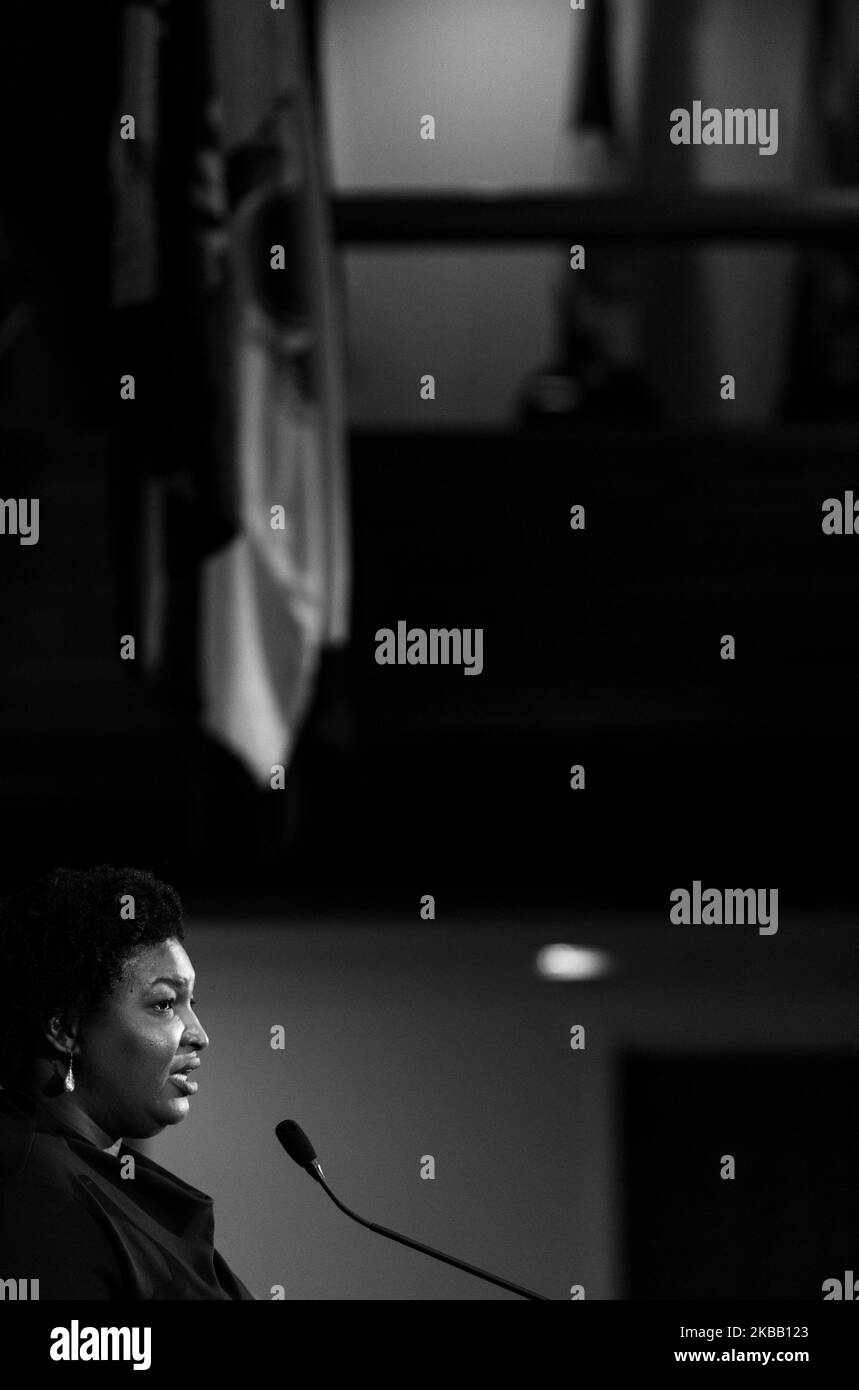 (EDITOR'S NOTE: Image was converted to black and white) Stacey Abrams, former Georgia House Democratic Leader, speaks to attendees at the National Press Club Headliners Luncheon in Washington, D.C., on Friday, November 15, 2019.(Photo by Cheriss May/NurPhoto) Stock Photo