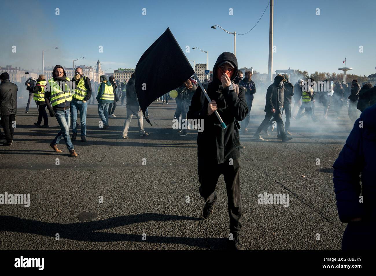 A thousand people demonstrated in Lyon, France, on 16 November 2019, on the occasion of the movement's anniversary after a year of demonstration. Violence occurred throughout the demonstration or police used tear gas to repel the demonstrators. (Photo by Nicolas Liponne/NurPhoto) Stock Photo
