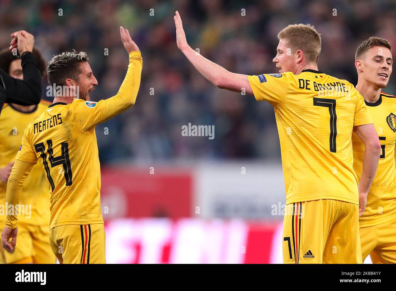 Dries Mertens (L) and Kevin De Bruyne of Belgium celebrates after scoring a goal during the UEFA Euro 2020 Qualifier between Russia and Belgium on November 16, 2019 in Saint Petersburg, Russia. (Photo by Igor Russak/NurPhoto) Stock Photo