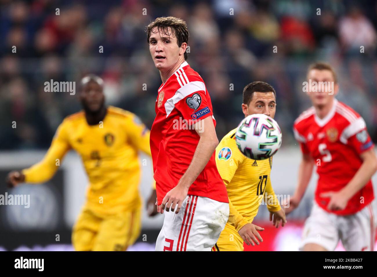 Mario Fernandes of Russia vie for the ball during the UEFA Euro 2020 Qualifier between Russia and Belgium on November 16, 2019 in Saint Petersburg, Russia. (Photo by Igor Russak/NurPhoto) Stock Photo