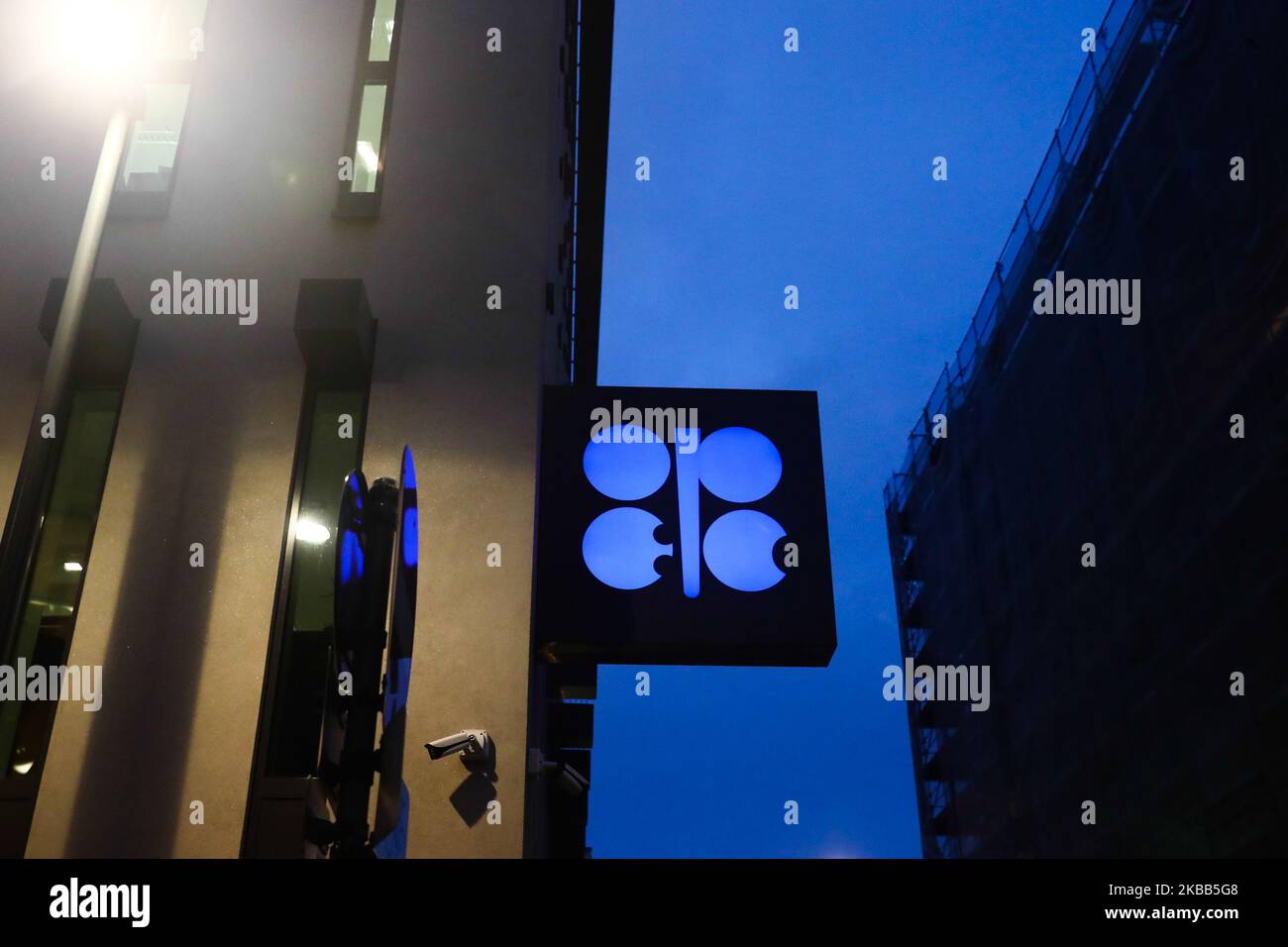 Organisation of the Petroleum Exporting Countries - OPEC logo is seen on the organisations' headquarters in Vienna, Austria on December 17, 2018. (Photo by Jakub Porzycki/NurPhoto) Stock Photo