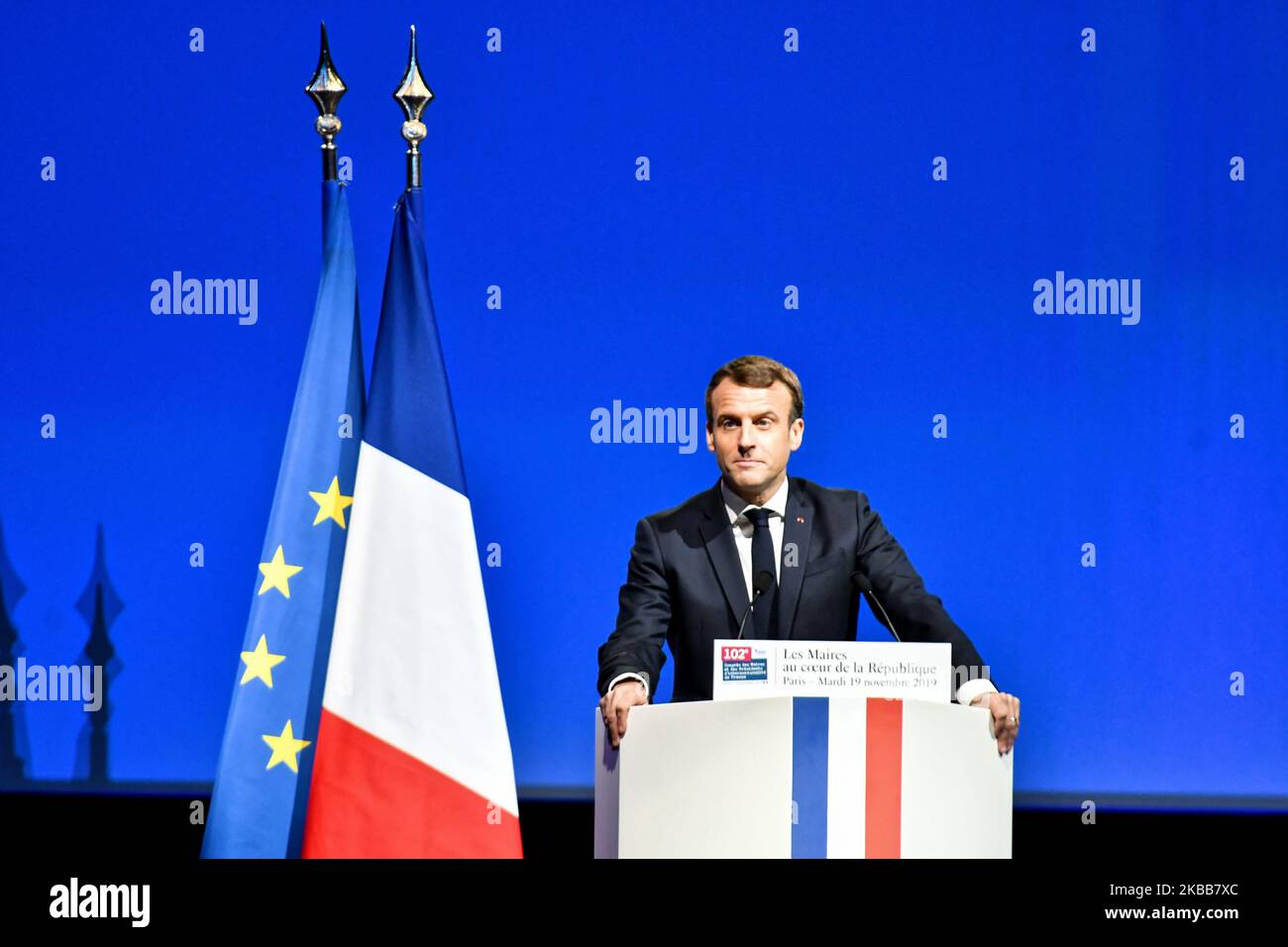 French President Emmanuel Macron speaks during french mayor congress organised by AMF -Association des Maires de France , on November 19, 2019, in Paris, France. (Photo by Daniel Pier/NurPhoto) Stock Photo