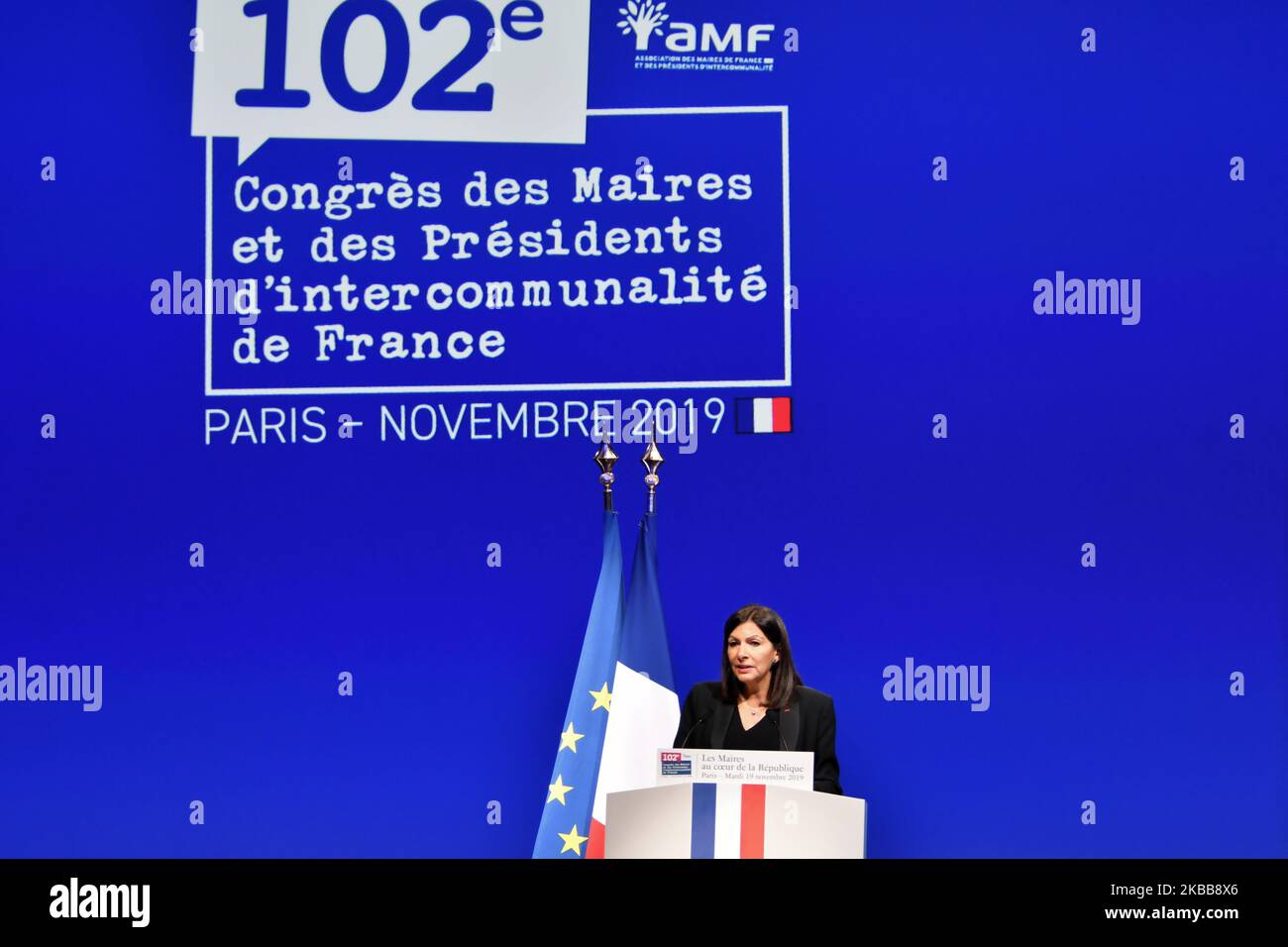Mayor of Paris Anne Hidalgo welcomes to 102sd french mayors congress in Paris, France, on November 19, 2019. (Photo by Daniel Pier/NurPhoto) Stock Photo