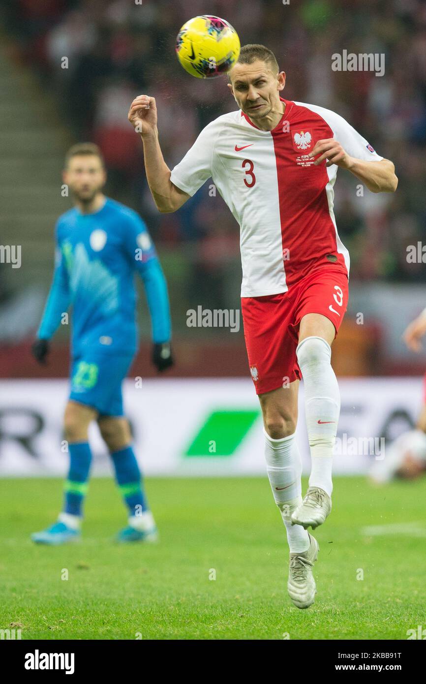 Artur Jedrzejczyk of Poland in action during the UEFA Euro 2020 Qualifier between Poland and Slovenia on November 19, 2019 in Warsaw, Poland.(Photo by Foto Olimpik/NurPhoto) Stock Photo