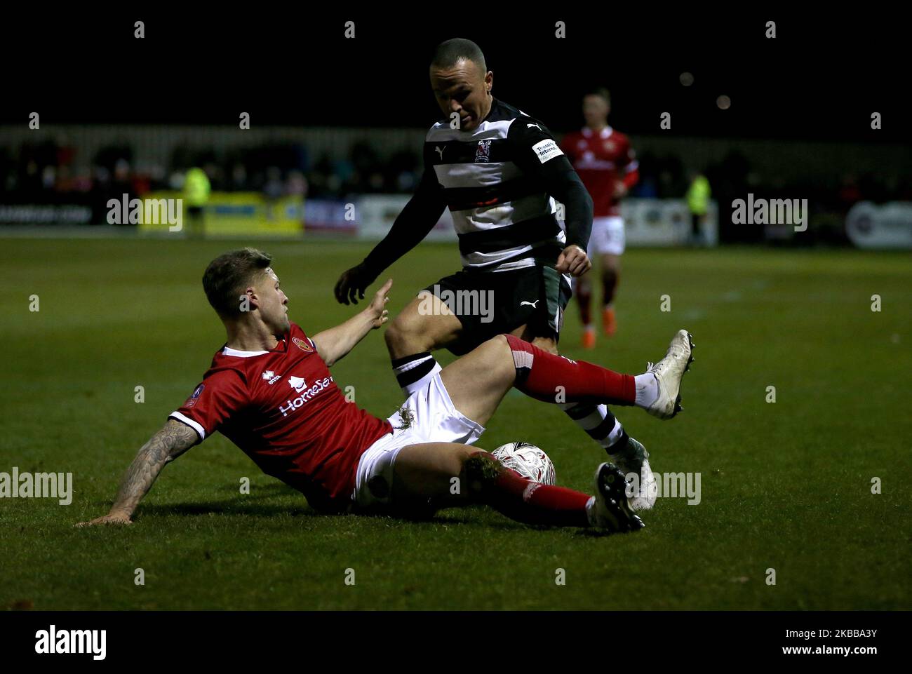 Stephen Thompson of Darlington and James Clarke of Walsall during the FA Cup match between Darlington and Walsall at Blackwell Meadows, Darlington on Wednesday 20th November 2019. (Photo by Chris Booth/MI News/NurPhoto) Stock Photo
