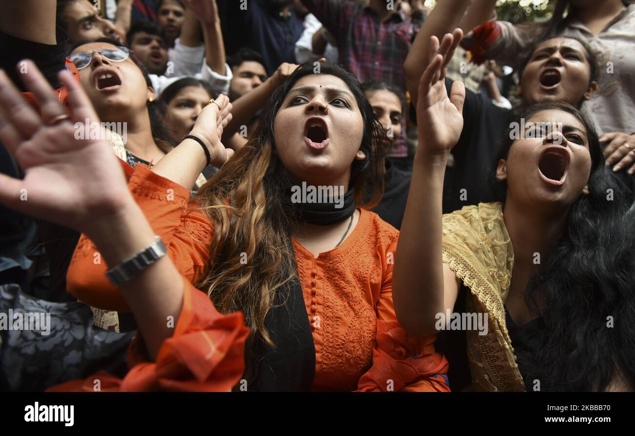 Students shout slogans and hold posters during a demonstration in support of Jawaharlal Nehru University (JNU) students for their ongoing protest against proposed accommodation fee hike, in New Delhi on 21 November 2019. (Photo by Indraneel Chowdhury/NurPhoto) Stock Photo