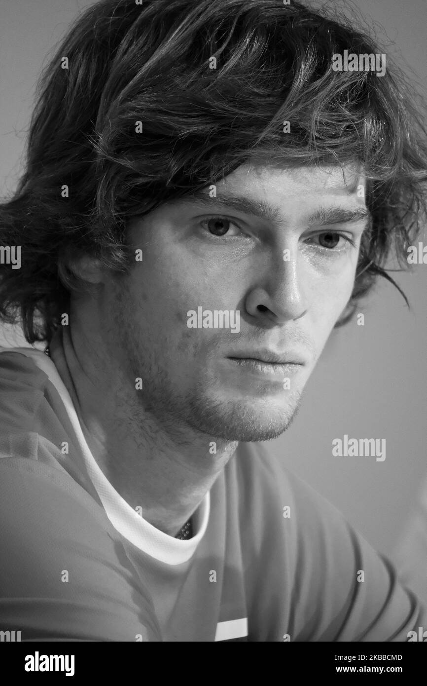 (EDITOR'S NOTE: Image has been converted to black and white) Andrei Rubliov during the Press conference during Day 5 of the 2019 Davis Cup at La Caja Magica on November 22, 2019 in Madrid, Spain (Photo by Oscar Gonzalez/NurPhoto) Stock Photo