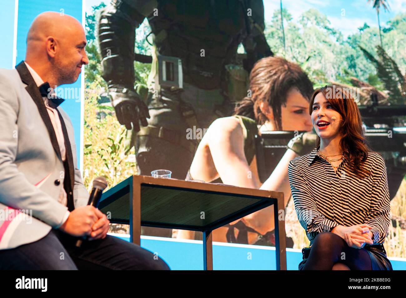 Stefanie Joosten, who was chosen as both the visual and voice model for Quiet, a central female character in the Metal Gear game Metal Gear Solid V: The Phantom Pain is giving a talk during the Bright Day Festival in Amsterdam, on November 23rd, 2019. (Photo by Romy Arroyo Fernandez/NurPhoto) Stock Photo