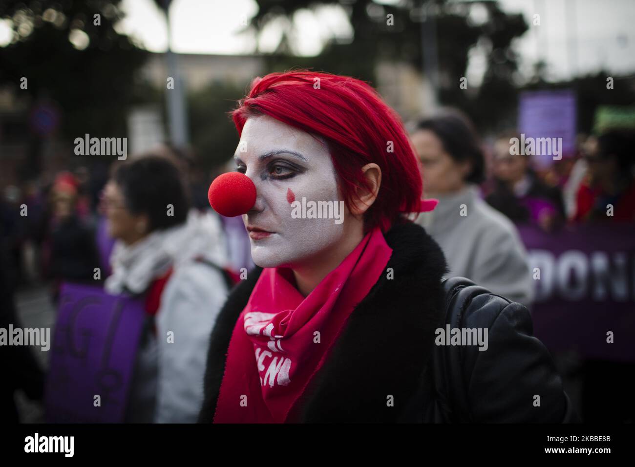A woman dressed as Daniela 'El Mimo' Carrasco, the Chilean woman found hanged last October 20 on the outskirts of Santiago de Chile, takes part in a national march organised by 'Non Una Di Meno' (Not One Less) movement in Rome, on November 23, 2019. Thousands of people took to the streets to denounce male violence against women, gender discrimination, and harassment in the workplaces. (Photo by Christian Minelli/NurPhoto) Stock Photo
