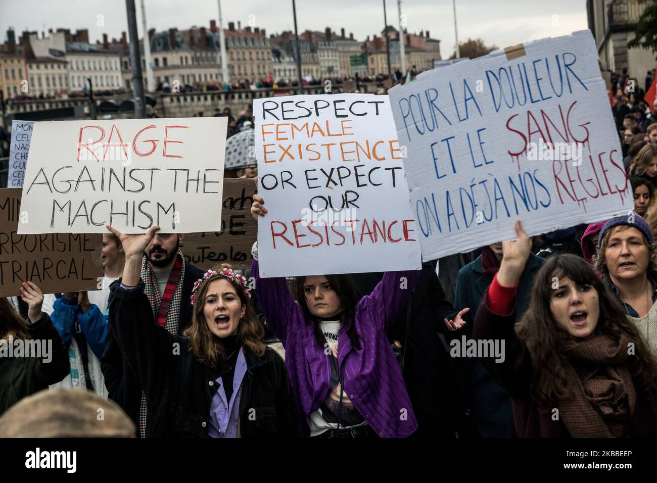 Several thousand people demonstrated in the streets of Lyon, France, on 23 November 2019, as part of a national day of action against gender-based and sexual violence. (Photo by Nicolas Liponne/NurPhoto) Stock Photo