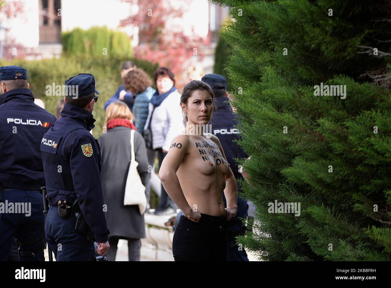 Members of the feminist movement Femen protest against a far right demonstration marking the anniversary of the death of Spanish late dictator Francisco Franco in Madrid on November 24th, 2019. (Photo by Juan Carlos Lucas/NurPhoto) Stock Photo