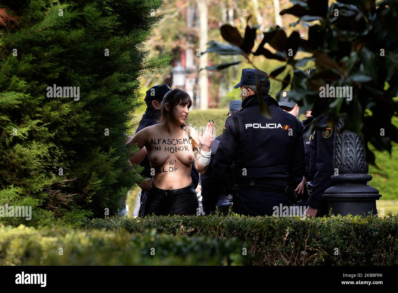 Members of the feminist movement Femen protest against a far right demonstration marking the anniversary of the death of Spanish late dictator Francisco Franco in Madrid on November 24th, 2019. (Photo by Juan Carlos Lucas/NurPhoto) Stock Photo