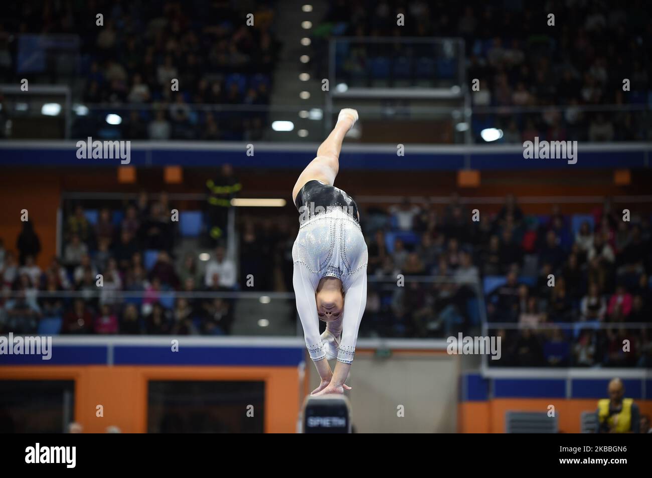 The Italian athlete Martina Maggio performs with his exercise during the Fastweb Grand Prix of Gymnastics, Trophy 150 years, artistic and rhythmic gymnastics tournament in honor of the 150th anniversary of the Italian Gymnastics Federation at Allianz Cloud stadium, in Milan, Italy on 23 November 2019. (Photo by Andrea Diodato/NurPhoto) Stock Photo