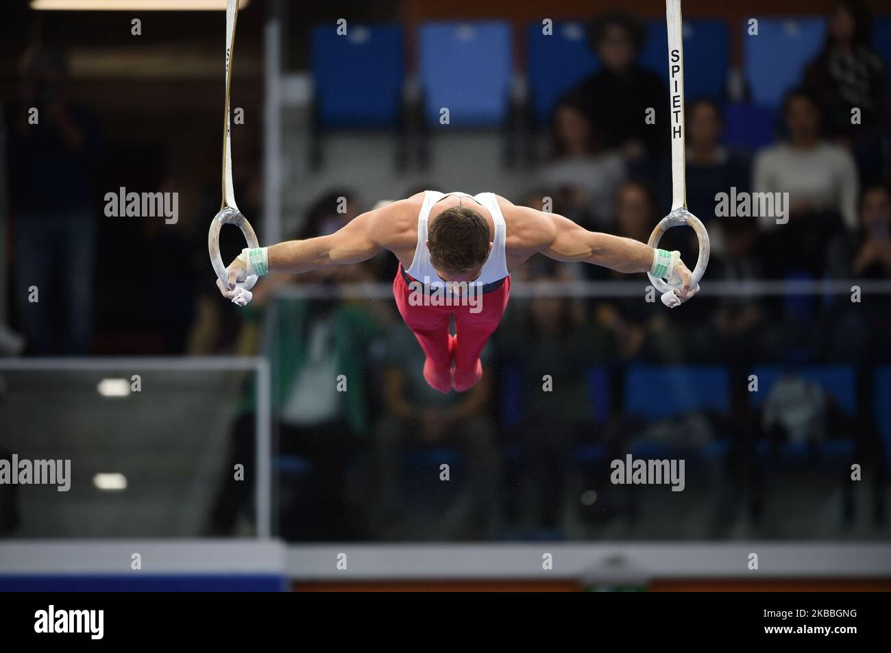 The Turkish athlete Ibrahim Colak performs with his exercise during the Fastweb Grand Prix of Gymnastics, Trophy 150 years, artistic and rhythmic gymnastics tournament in honor of the 150th anniversary of the Italian Gymnastics Federation at Allianz Cloud stadium, in Milan, Italy on 23 November 2019. (Photo by Andrea Diodato/NurPhoto) Stock Photo