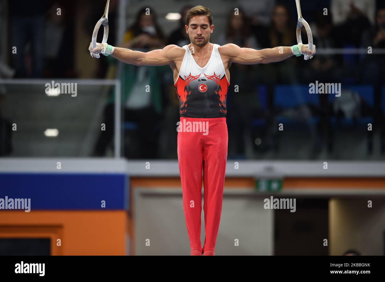 The Turkish athlete Ibrahim Colak performs with his exercise during the Fastweb Grand Prix of Gymnastics, Trophy 150 years, artistic and rhythmic gymnastics tournament in honor of the 150th anniversary of the Italian Gymnastics Federation at Allianz Cloud stadium, in Milan, Italy on 23 November 2019. (Photo by Andrea Diodato/NurPhoto) Stock Photo