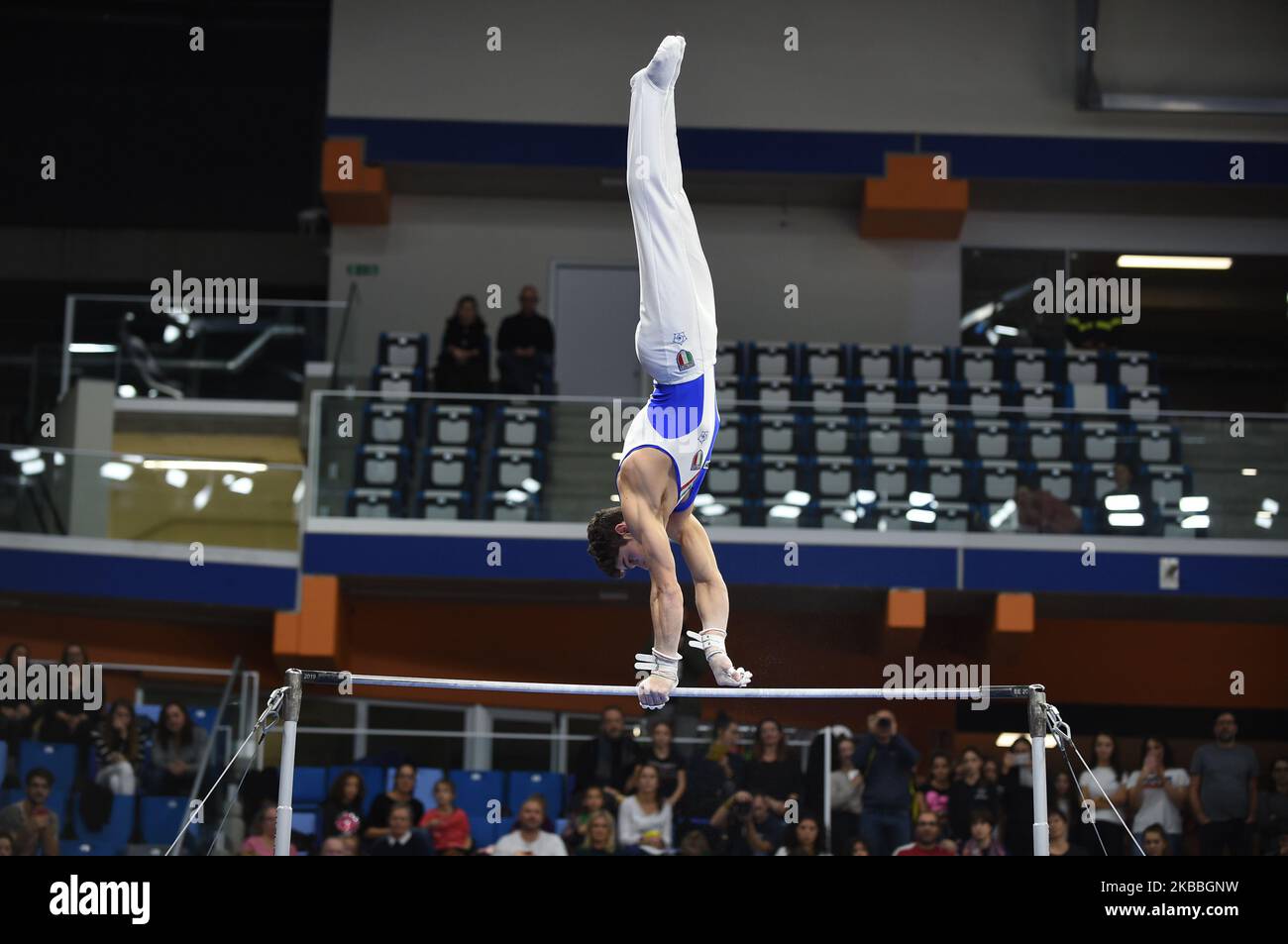 The Italian athlete Ludovico Edalli performs with his exercise during the Fastweb Grand Prix of Gymnastics, Trophy 150 years, artistic and rhythmic gymnastics tournament in honor of the 150th anniversary of the Italian Gymnastics Federation at Allianz Cloud stadium, in Milan, Italy on 23 November 2019. (Photo by Andrea Diodato/NurPhoto) Stock Photo