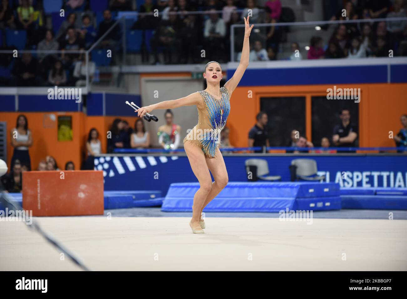 The Italian athlete Milena Baldassarri performs with his exercise during the Fastweb Grand Prix of Gymnastics, Trophy 150 years, artistic and rhythmic gymnastics tournament in honor of the 150th anniversary of the Italian Gymnastics Federation at Allianz Cloud stadium, in Milan, Italy on 23 November 2019. (Photo by Andrea Diodato/NurPhoto) Stock Photo