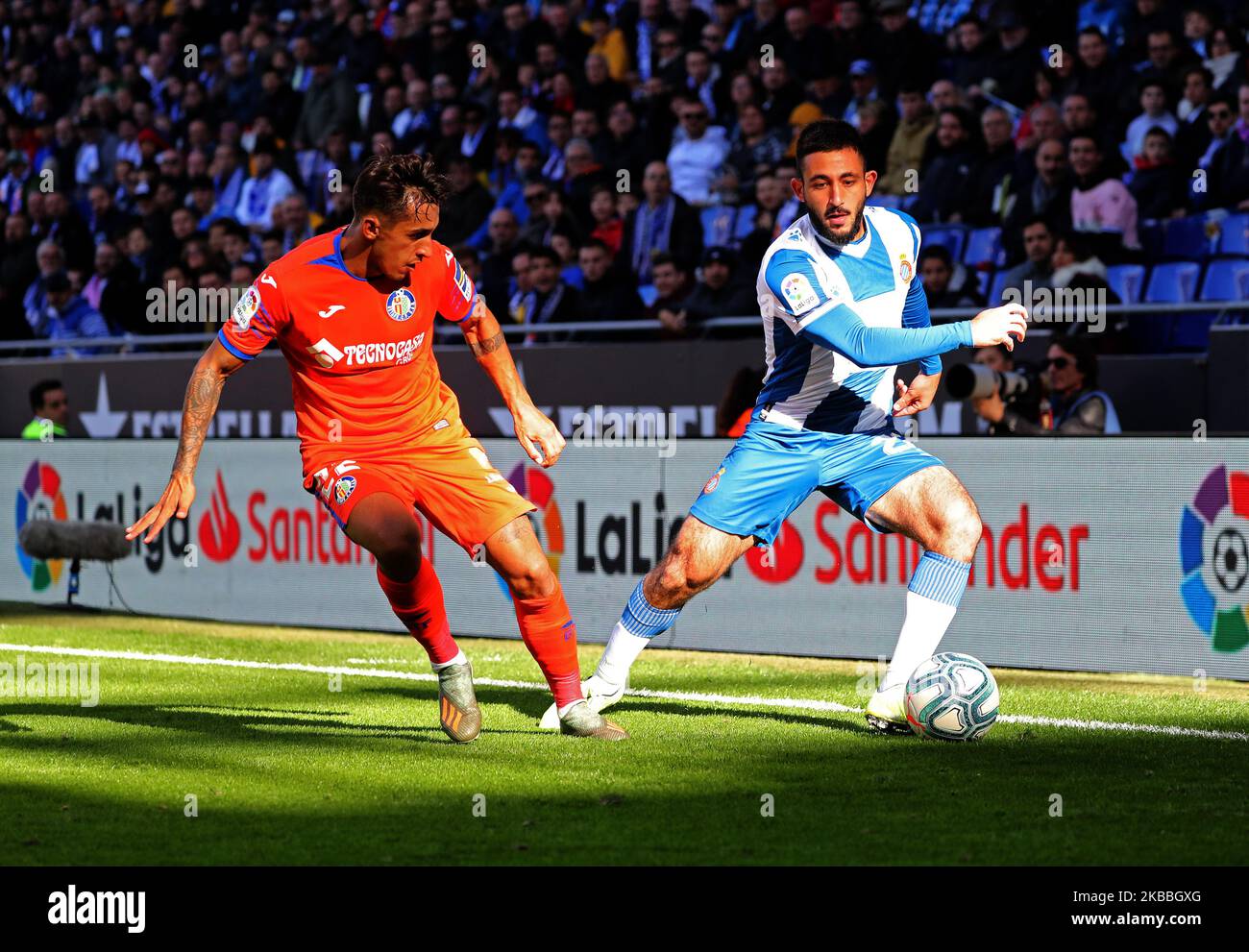 Matias Vargas and Damian Suarez during the match between RCD Espanyol and Getafe CF, played at the RCDE stadium, corresponding to the week 14 of the Liga Santander, on 24 November 2019, in Barcelona, Spain. (Photo by Joan Valls/Urbanandsport /NurPhoto) Stock Photo