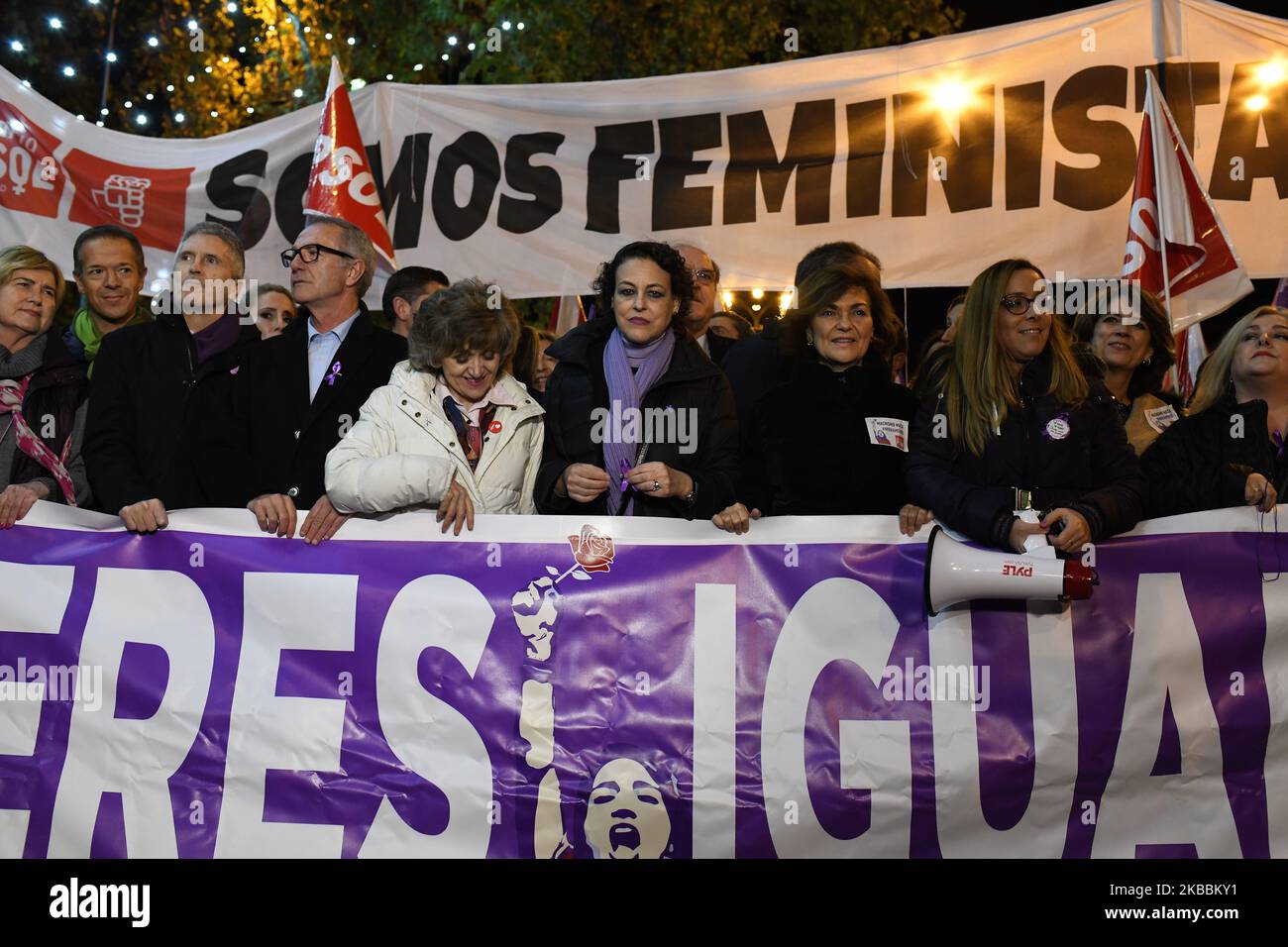 Vice-President of the Government, Carmen Calvo (C) and other members of the Executive Branch during the demonstration against gender violence that took place in Madrid, on November 25, 2019. (Photo by Juan Carlos Lucas/NurPhoto) Stock Photo