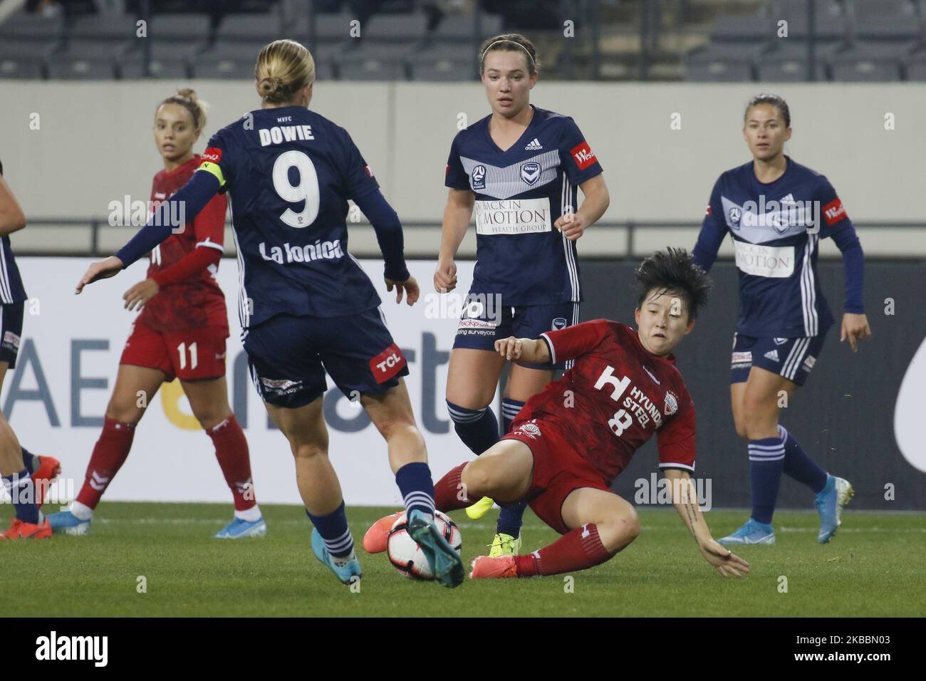 Natasha Dowie of Melbourne Victory and Lee Sodam of Incheon Hyundai Steel Red Angels action during during an Women's Club Championship 2019-FIFA/AFC Pilot Tournamant Melbourne Victory V Incheon Hyundai Steel Red Angels at Yongin Citizens Sports Park in Yongin, South Korea, on November 26, 2019. Match Won Incheon Hyundai Steel Red Angels, Score by 4-0. (Photo by Seung-il Ryu/NurPhoto) Stock Photo