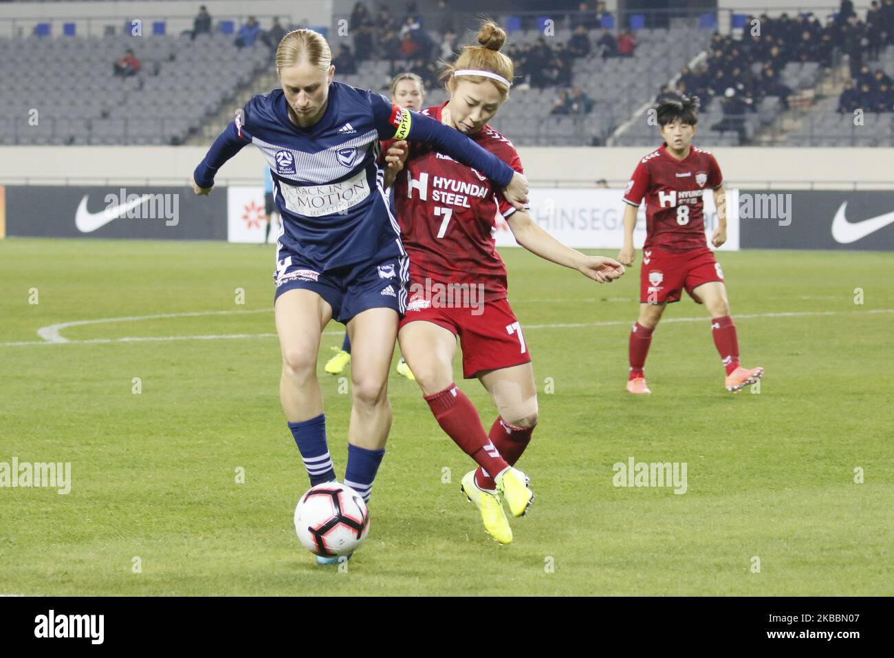 Natasha Dowie of Melbourne Victory and Lee Young Ju of Incheon Hyundai Steel Red Angels action during during an Women's Club Championship 2019-FIFA/AFC Pilot Tournamant Melbourne Victory V Incheon Hyundai Steel Red Angels at Yongin Citizens Sports Park in Yongin, South Korea, on November 26, 2019. Match Won Incheon Hyundai Steel Red Angels, Score by 4-0. (Photo by Seung-il Ryu/NurPhoto) Stock Photo