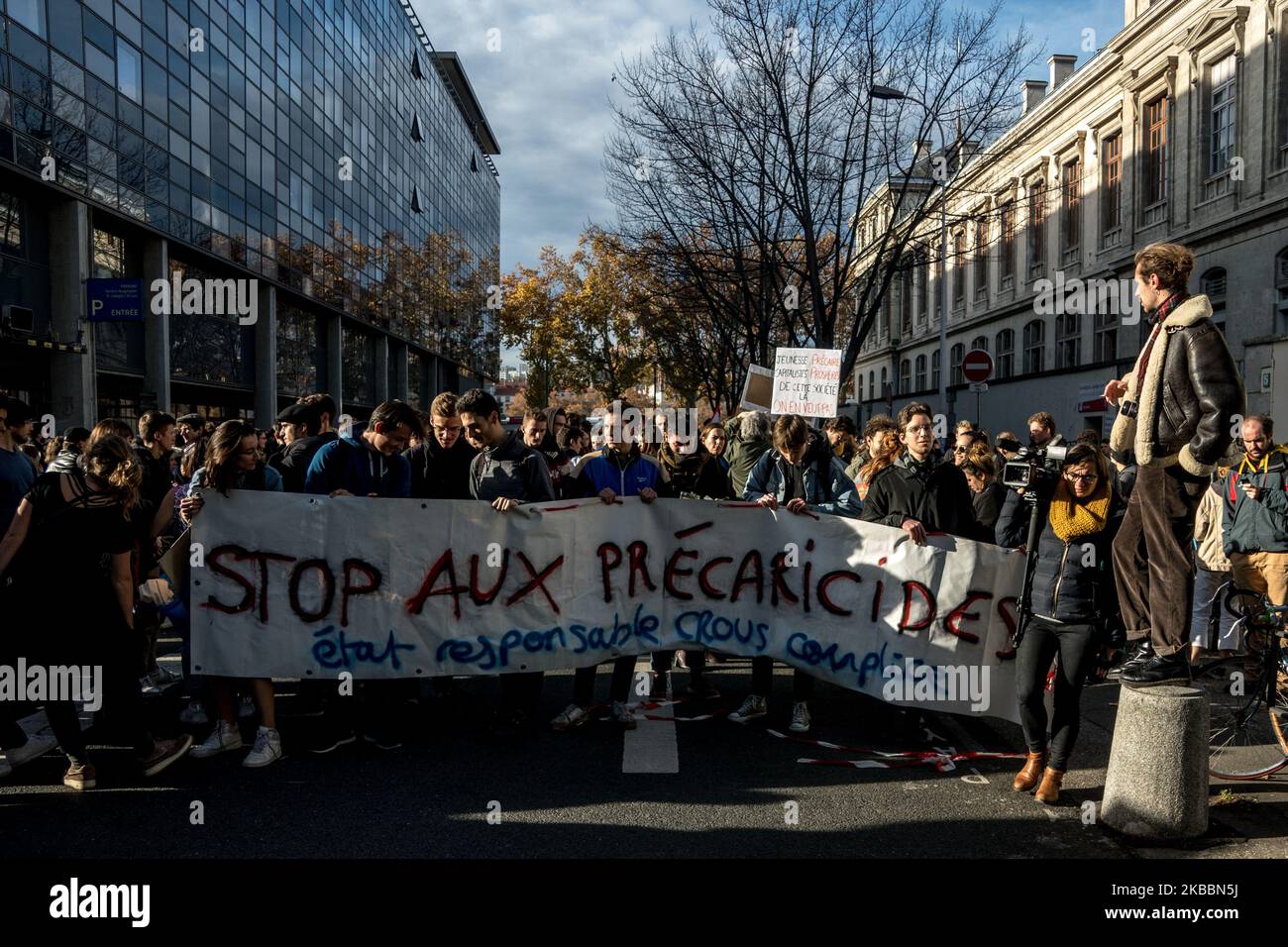 Demonstration against students precariousness and financial problems in Lyon, France,, on November 26, 2019. Several rallies were organized throughout France at the call of the Solidaires Etudiants trade unions. The student protest movement against precariousness follows the suicide attempt of a student from Lyon on November 8, 2019 in front of the Crous' offices. (Photo by Nicolas Liponne/NurPhoto) Stock Photo