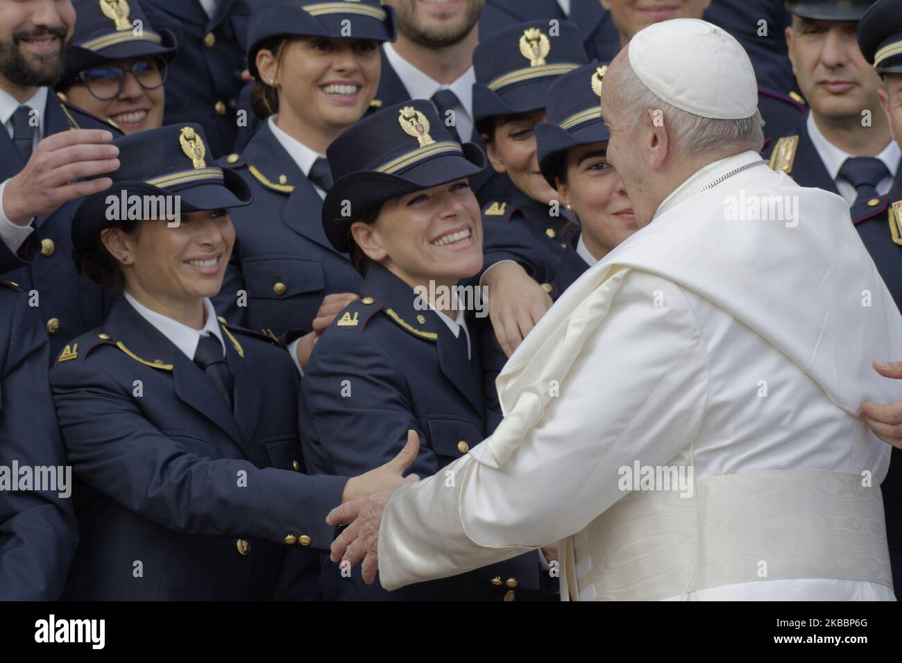 Pope Francis poses with a group of Italian police officers during his weekly general audience, in St. Peter's Square, at the Vatican, Wednesday, Nov. 27, 2019. (Photo by Massimo Valicchia/NurPhoto) Stock Photo