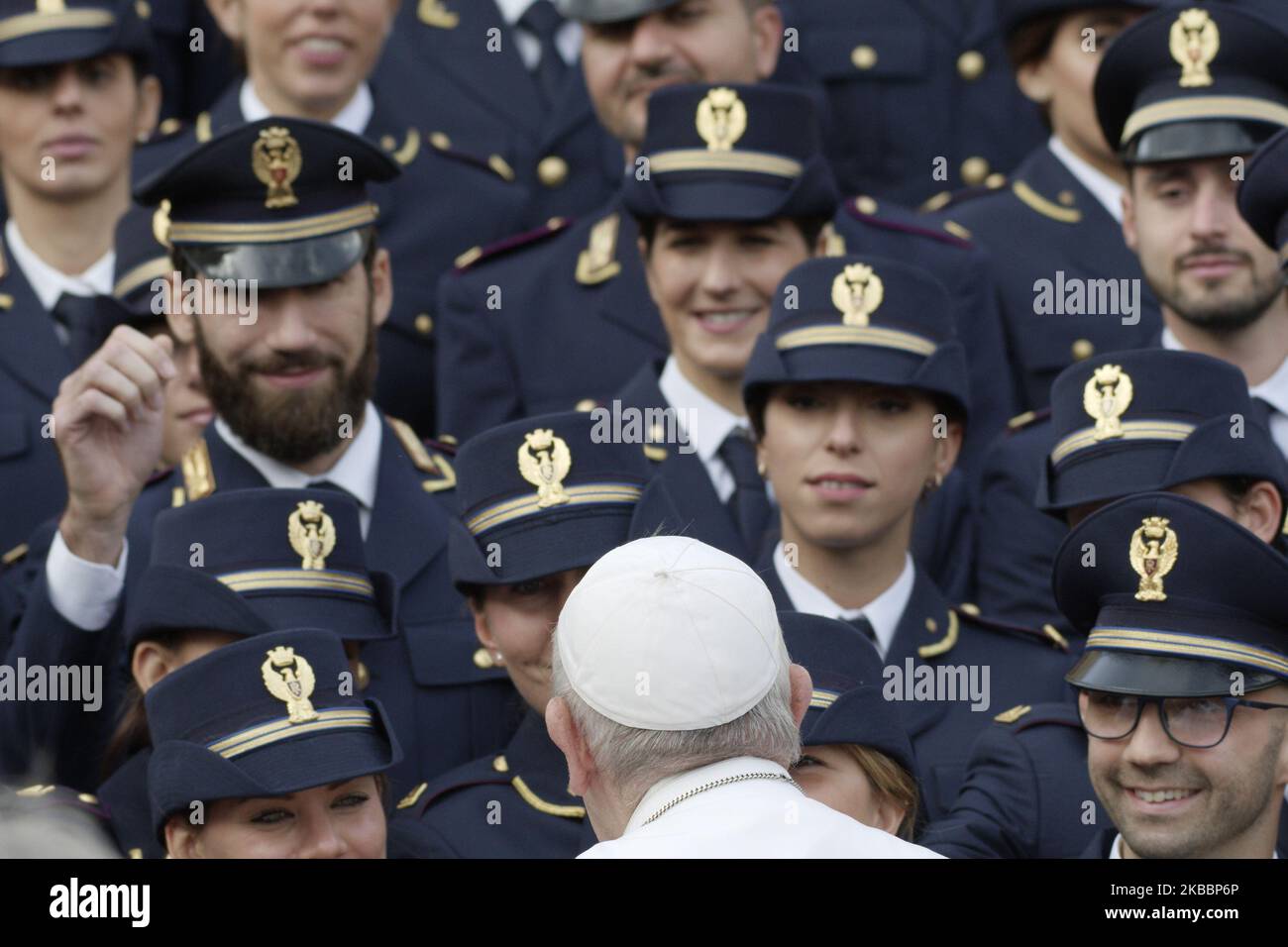 Pope Francis poses with a group of Italian police officers during his weekly general audience, in St. Peter's Square, at the Vatican, Wednesday, Nov. 27, 2019. (Photo by Massimo Valicchia/NurPhoto) Stock Photo