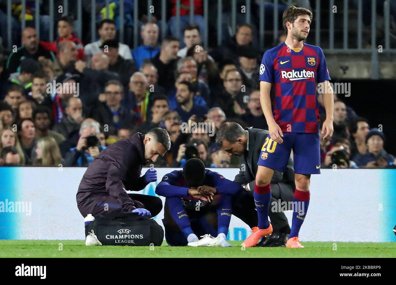 Ousmane Dembele is injured during the match between FC Barcelona and Borussia Dortmund, corresponding to the week 5 of the group stage of the UEFA Champions League, on 27 November 2019, in Barcelona, Spain. -- (Photo by Urbanandsport/NurPhoto) Stock Photo