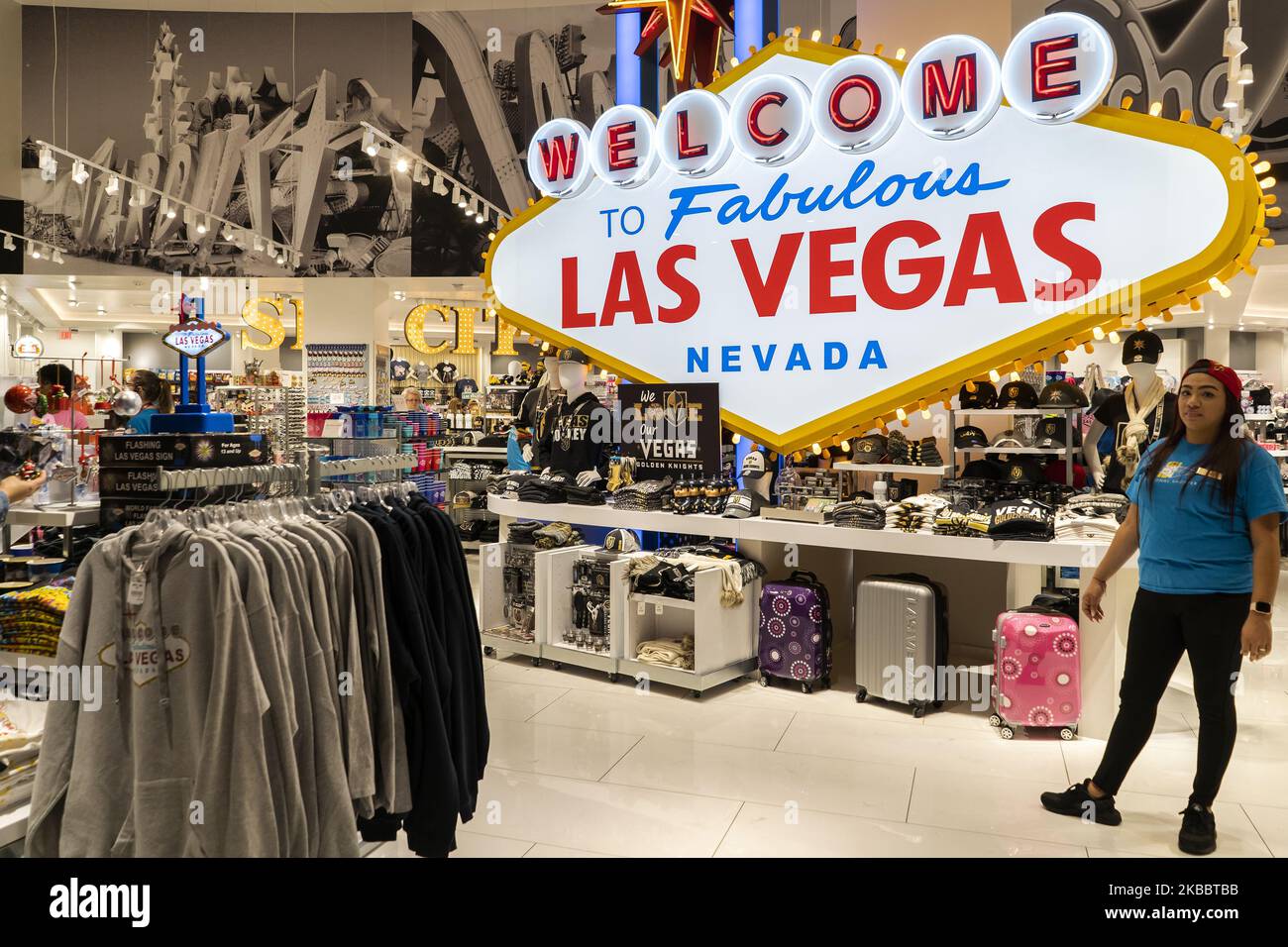 A souvenir shop in Las Vegas, U.S.A, on 11 November 2019 inside a Hotel, with a recreation of the Welcome to fabulous Las Vegas sign One of the symbols of this city. (Photo by Joaquin Gomez Sastre/NurPhoto) Stock Photo