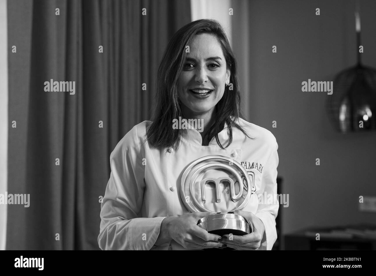 (EDITOR'S NOTE: Image was converted to black and white) Tamara Falco, the winner of TV's MasterChef Celebrity 2019, poses for a photo session at Hotel Eurobuilding on November 28, 2019 in Madrid, Spain. (Photo by Oscar Gonzalez/NurPhoto) Stock Photo
