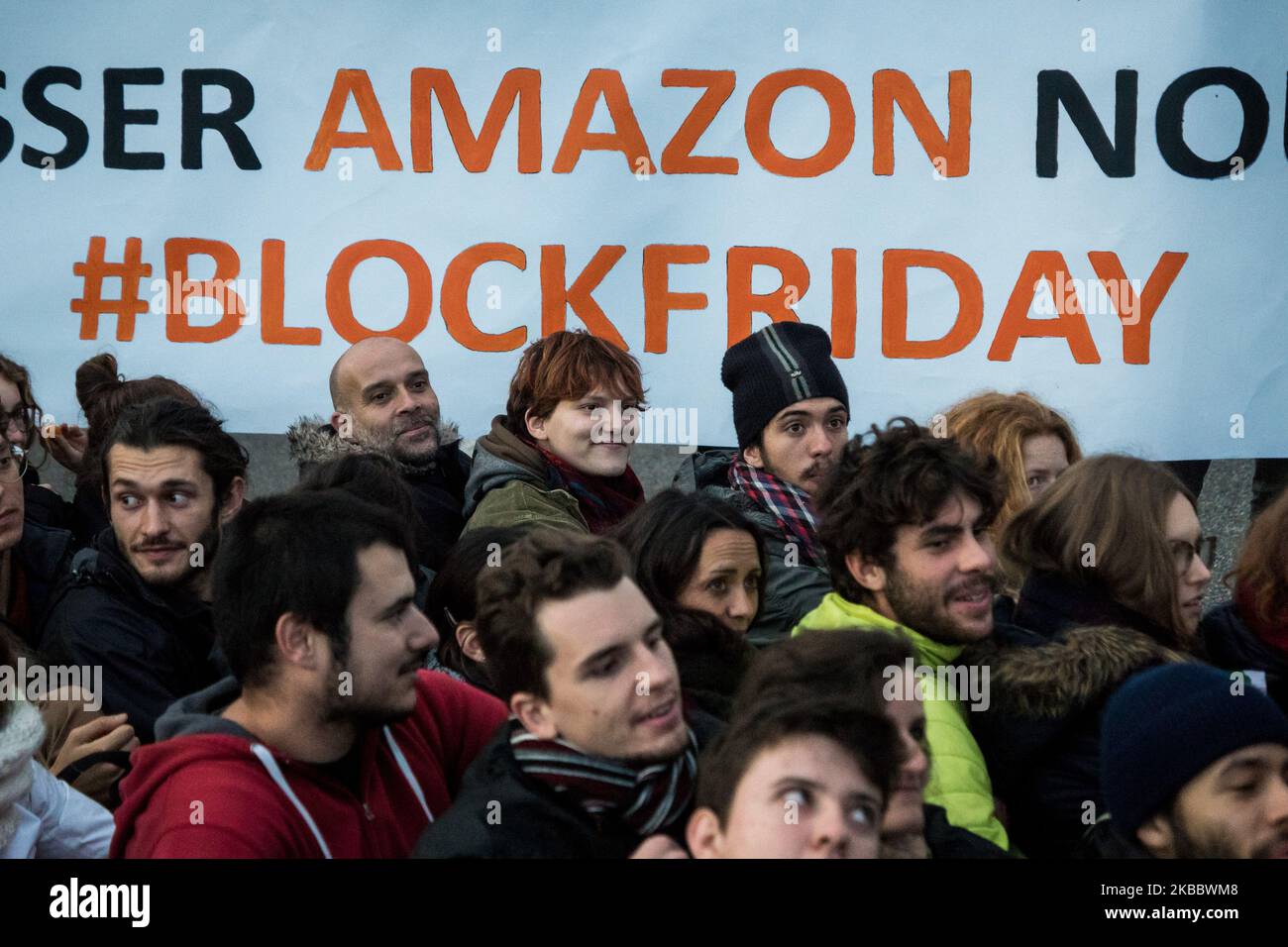 Blocking of the Amazon depot in Saint Priest, near Lyon, France, on 29 November 2019 by various environmental groups such as ANV-COP 21, Alternatiba, Attac and Extinction Rebellion, on the occasion of the mobilization day against Black Friday called Block Friday. The demonstrators were violently evacuated by the police in the middle of the morning. (Photo by Nicolas Liponne/NurPhoto) Stock Photo