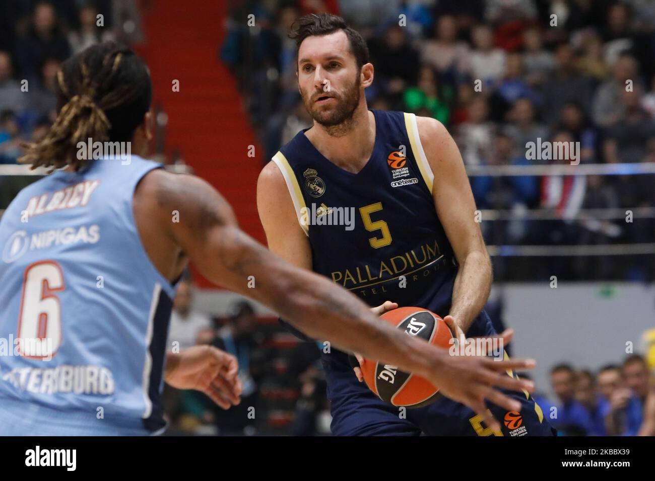 Rudy Fernandez (C) of Real Madrid in action during the EuroLeague Basketball match between Zenit St Petersburg and Real Madrid on November 29, 2019 at Sibur Arena in Saint Petersburg, Russia. (Photo by Mike Kireev/NurPhoto) Stock Photo