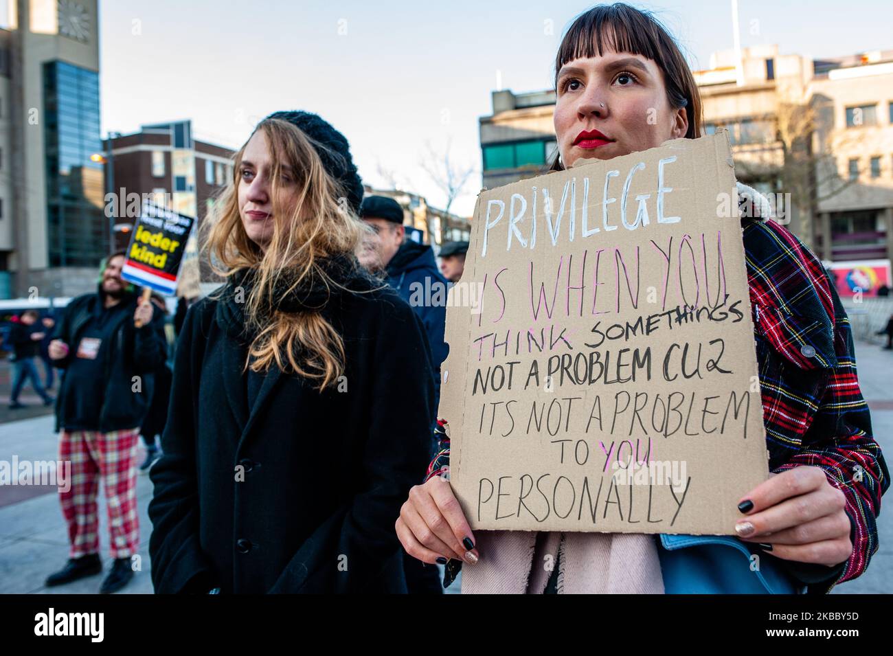 A woman is holding a placard, during the Anti Black Piet rally in Eindhoven, on November 30th, 2019. (Photo by Romy Arroyo Fernandez/NurPhoto) Stock Photo