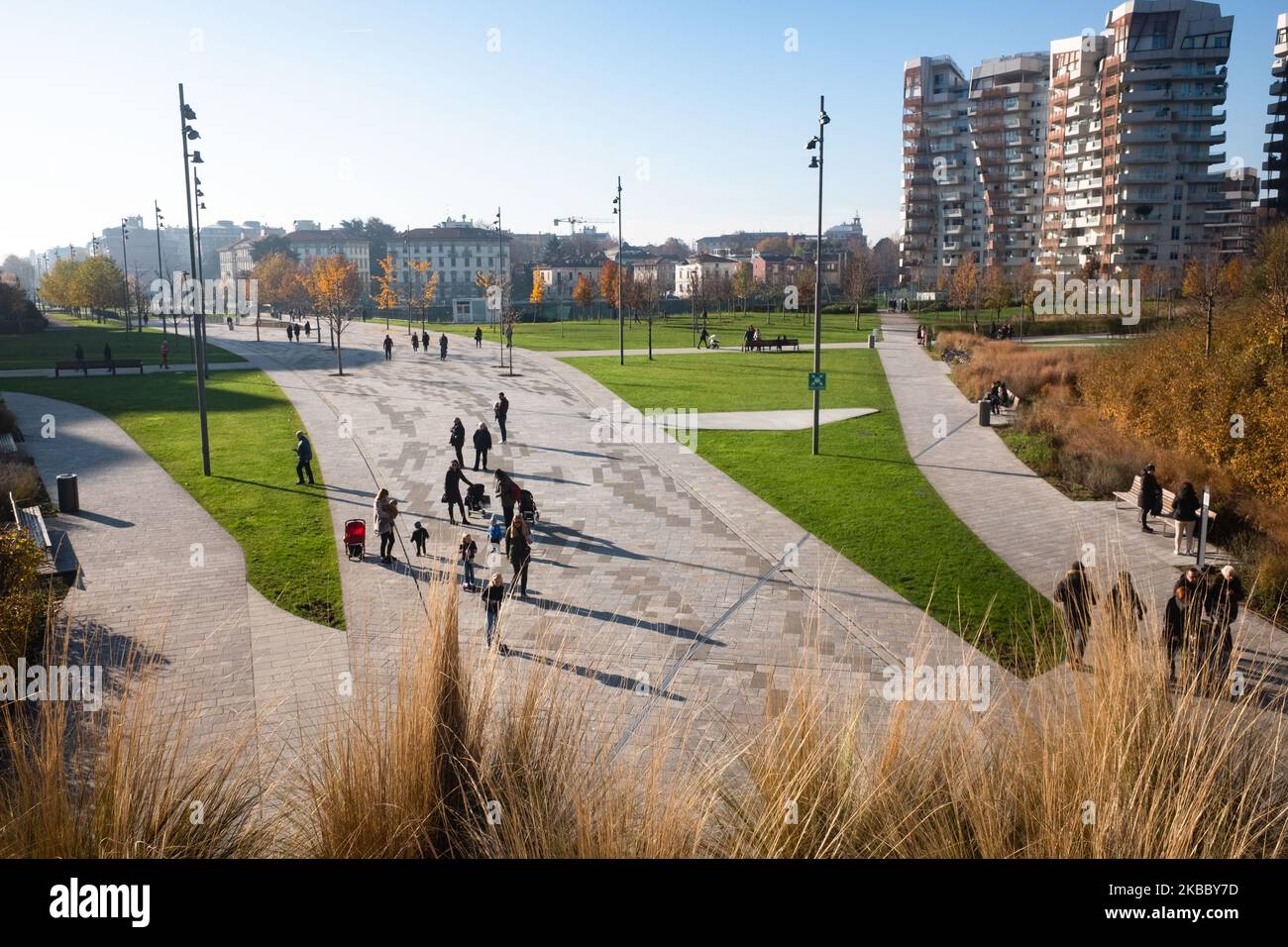 View of CityLife Park, Milano, Italy, November 30 2019. CityLife is a residential, commercial and business district under construction situated a short distance from the old city centre of Milan, Italy; it has an area of 36.6 hectares (90 acres). The development is being carried out by a company controlled by Generali Group, that won the international tender for the redevelopment of the historic neighborhood of Fiera Milano with an offer of 523 million. The project is designed by famous architects Zaha Hadid, Arata Isozaki and Daniel Libeskind. (Photo by Mairo Cinquetti/NurPhoto) Stock Photo